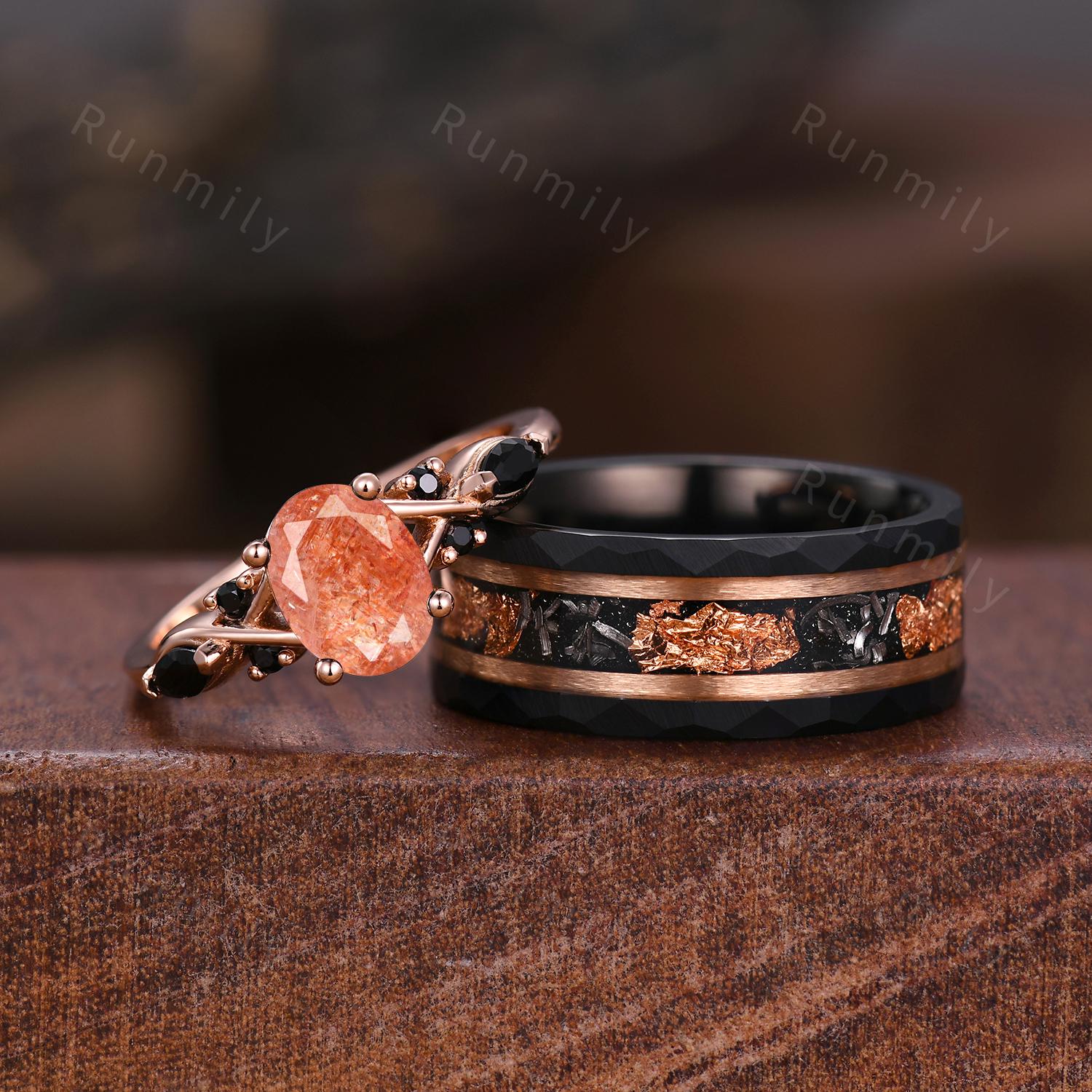 Oval Cut Sunstone Couples Ring Set Rose Gold Matching Promise Rings His And Hers Wedding Band Mens Tungsten Ring Anniversary Ring Gifts