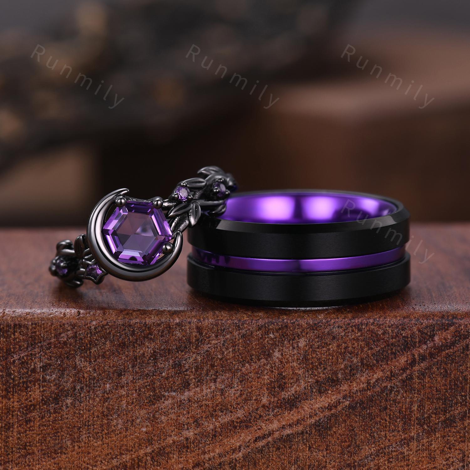 Crescent Amethyst Couple Ring Set Gothic Black Gold Ring Vintage His and Hers Wedding Band Men's Tungsten Ring Purple Gemstone Rings