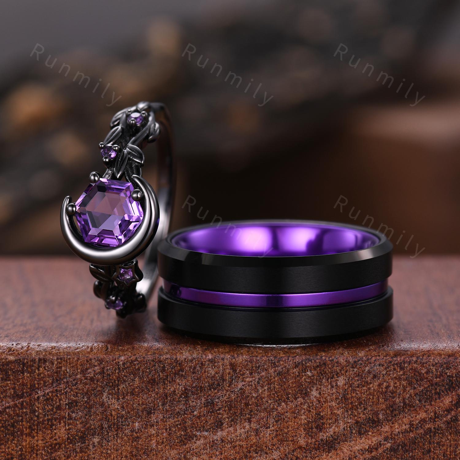 Crescent Amethyst Couple Ring Set Gothic Black Gold Ring Vintage His and Hers Wedding Band Men's Tungsten Ring Purple Gemstone Rings