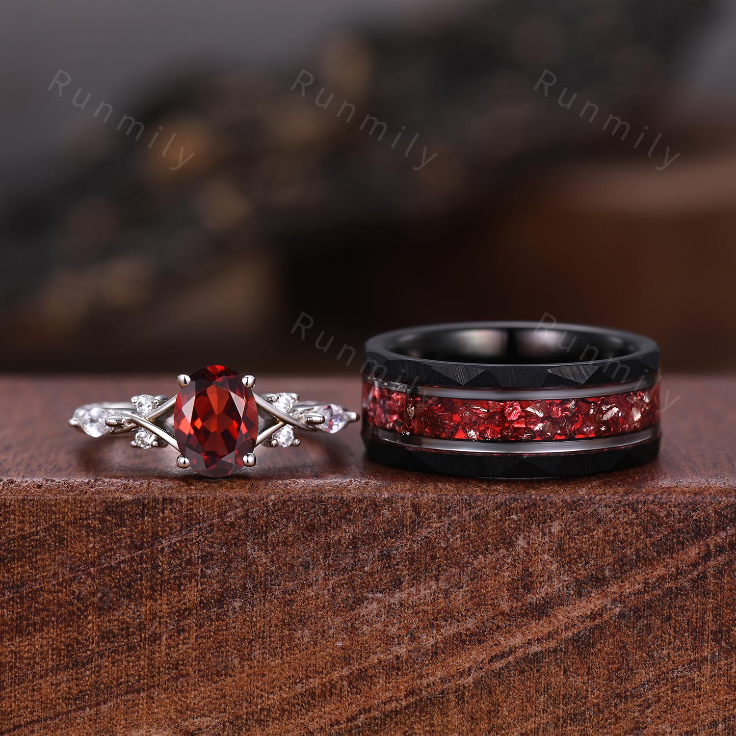Oval cut Garnet couples ring set silver black gold matching promise ring vintage His and Hers wedding band Mens garnet ring anniversary ring