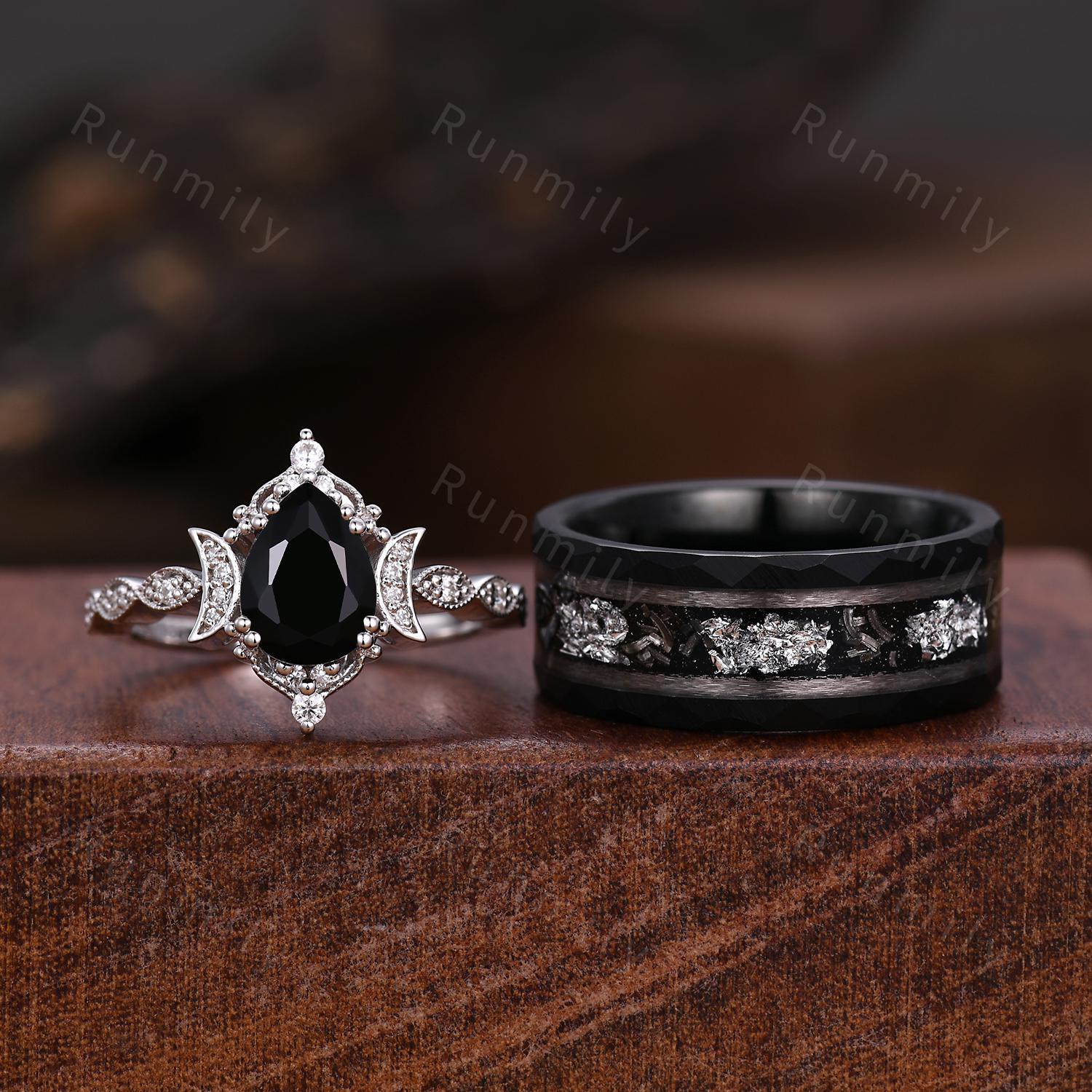 Vintage Black Onyx Couple Ring Art Deco Moon Style Ring His And Hers Wedding Band Natural Black Gemstone Promise Ring For Men For Women