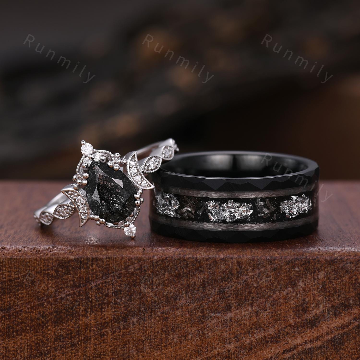 Vintage Black Onyx Couple Ring Art Deco Moon Style Ring His And Hers Wedding Band Natural Black Gemstone Promise Ring For Men For Women