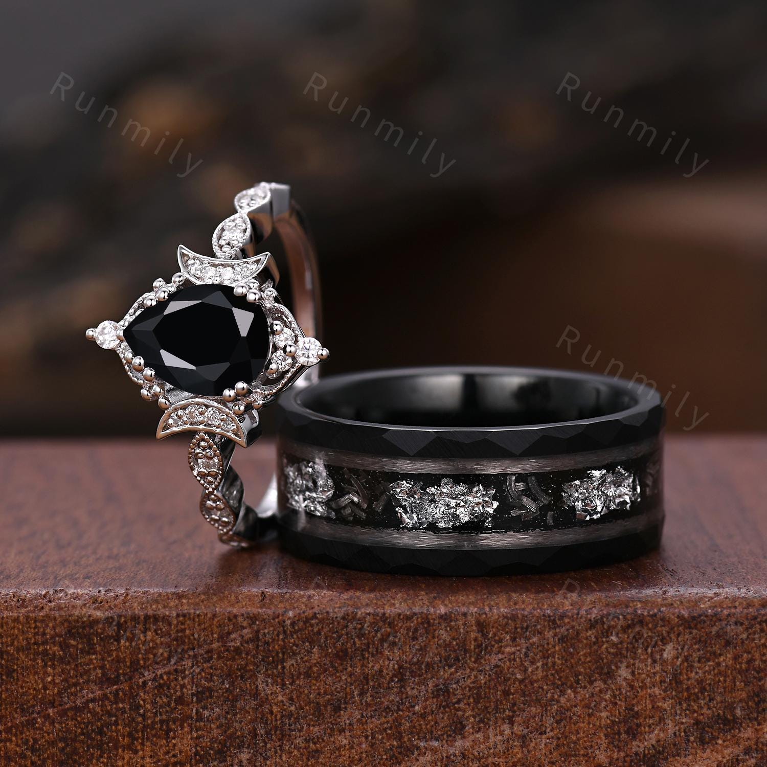 Vintage Black Onyx Couple Ring Art Deco Moon Style Ring His And Hers Wedding Band Natural Black Gemstone Promise Ring For Men For Women