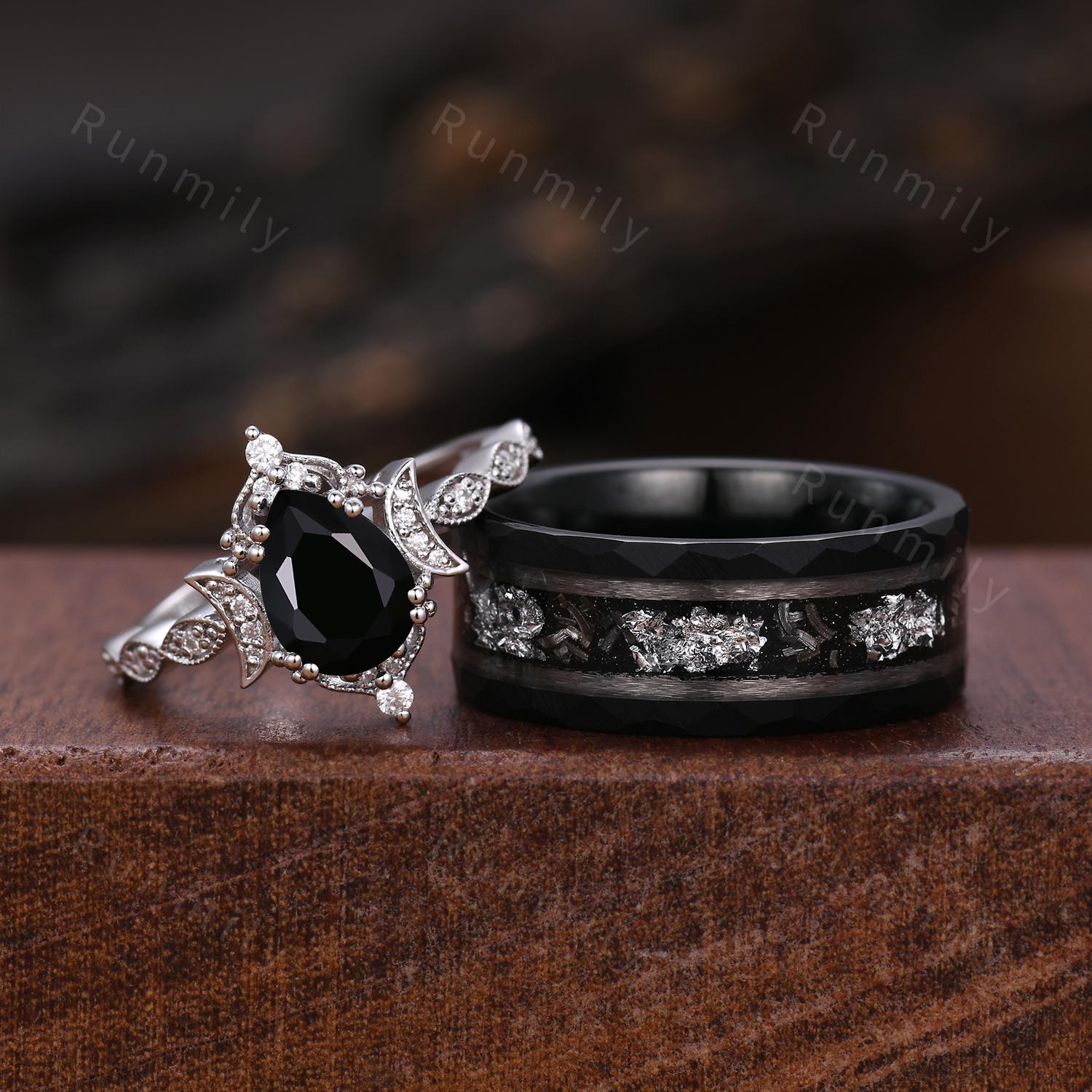 Vintage Black Onyx Couple Ring Art Deco Moon Style Ring His And Hers Wedding Band Natural Black Gemstone Promise Ring For Men For Women