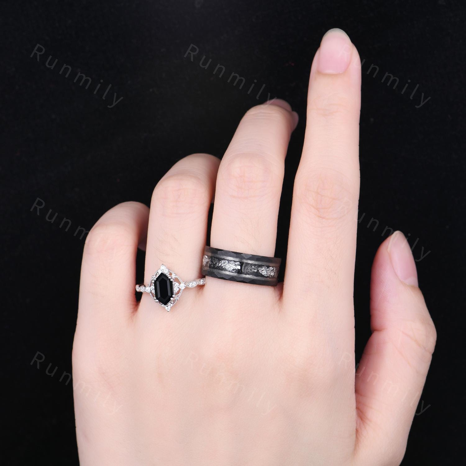 Vintage Black Onyx Couple Ring Art Deco Moon Style Ring His And Hers Wedding Band Natural Black Gemstone Promise Ring For Men For Women
