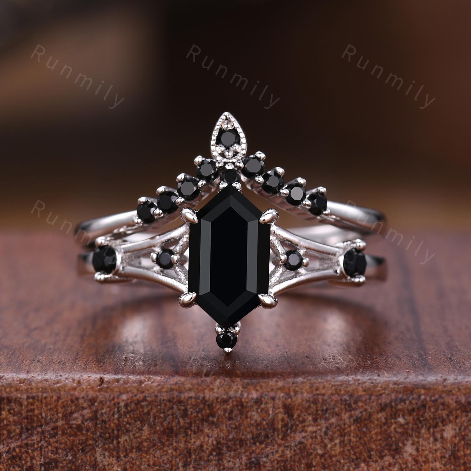 Retro Hexagon Cut Black Onyx Engagement Ring Set Art Deco Black Spinel Wedding Band 14k White Gold Black Gemstone Bridal Promise Ring