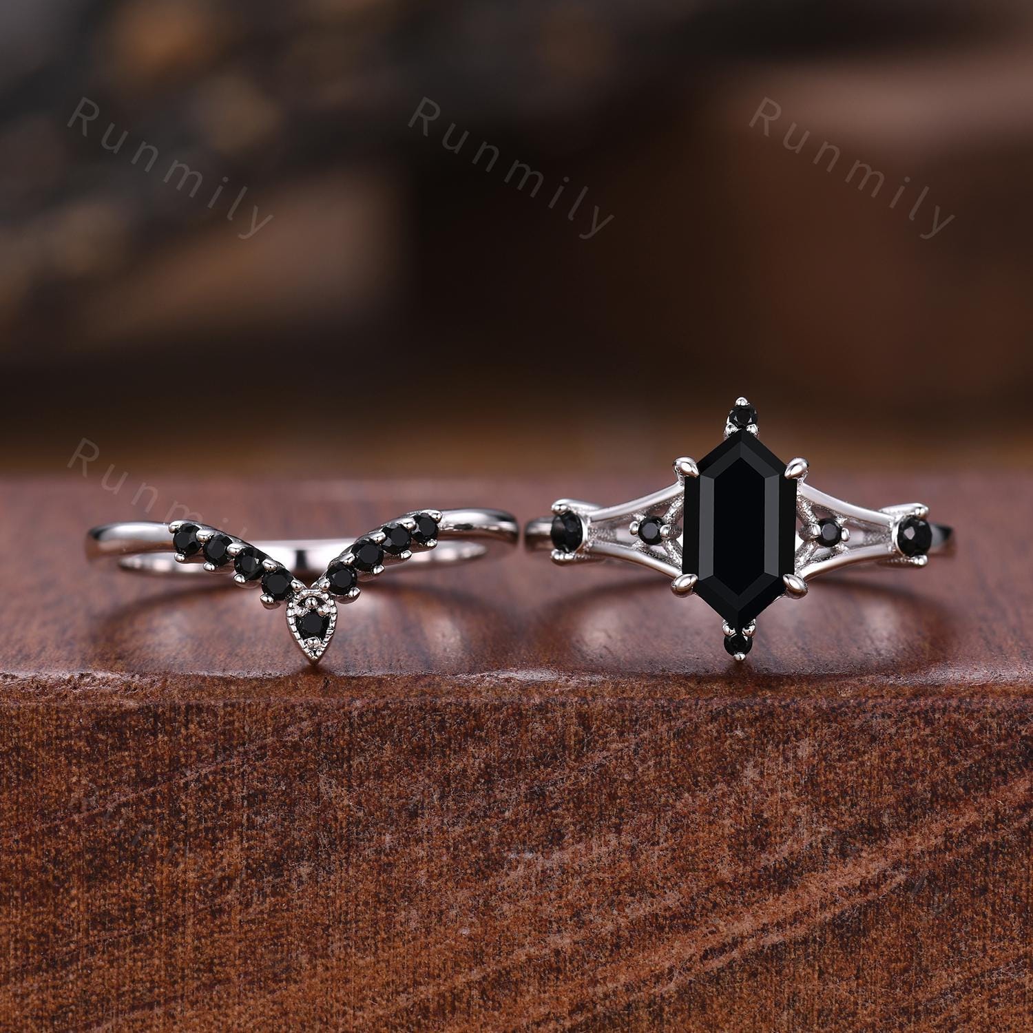 Retro Hexagon Cut Black Onyx Engagement Ring Set Art Deco Black Spinel Wedding Band 14k White Gold Black Gemstone Bridal Promise Ring