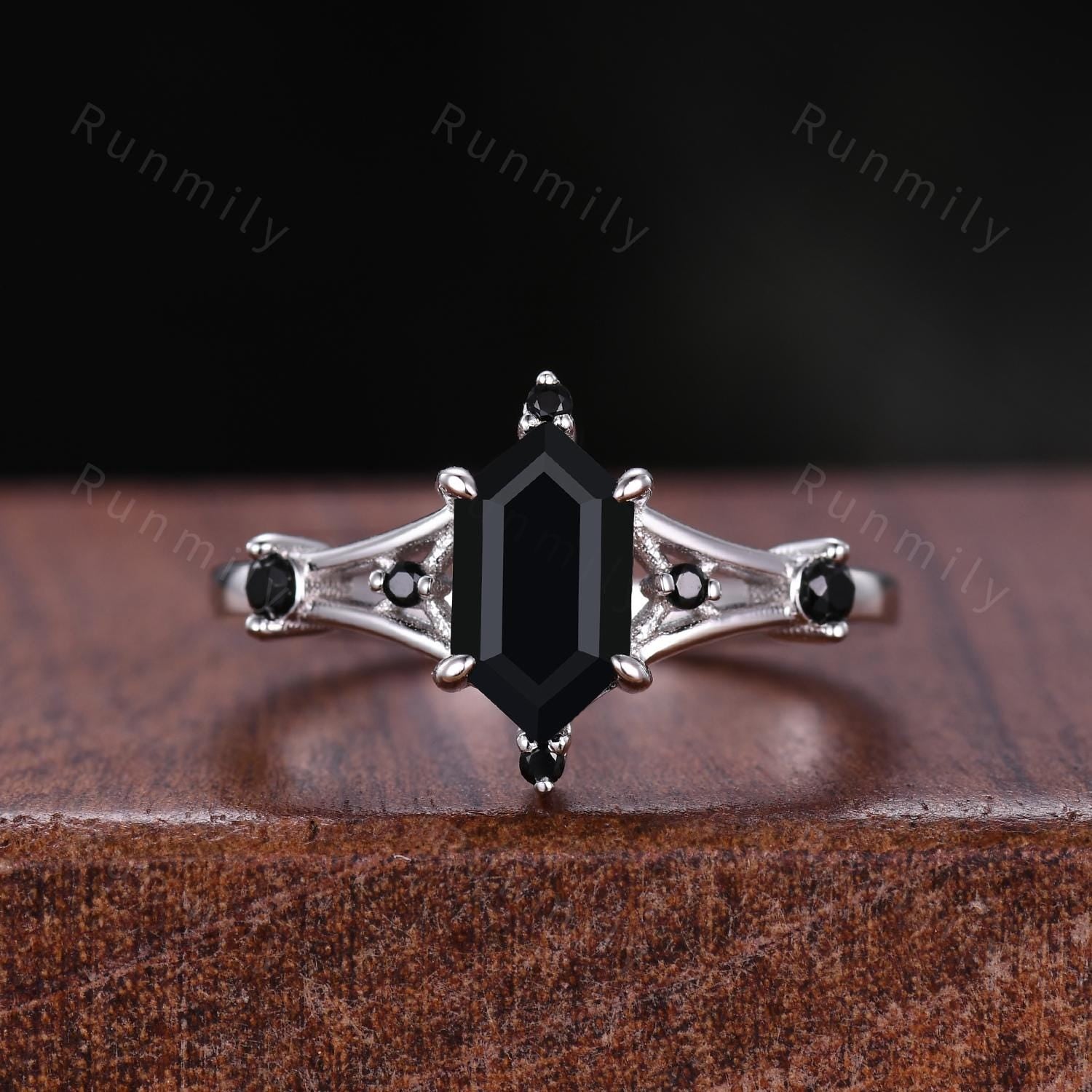 Retro Hexagon Cut Black Onyx Engagement Ring Set Art Deco Black Spinel Wedding Band 14k White Gold Black Gemstone Bridal Promise Ring
