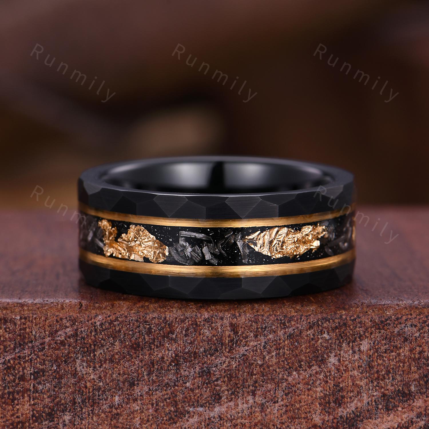 Hexagon cut Black onyx Couples Ring Yellow Gold Matching Ring Set His and Hers Wedding Band Twig Leaf Ring Couple Black Onyx Promise Rings