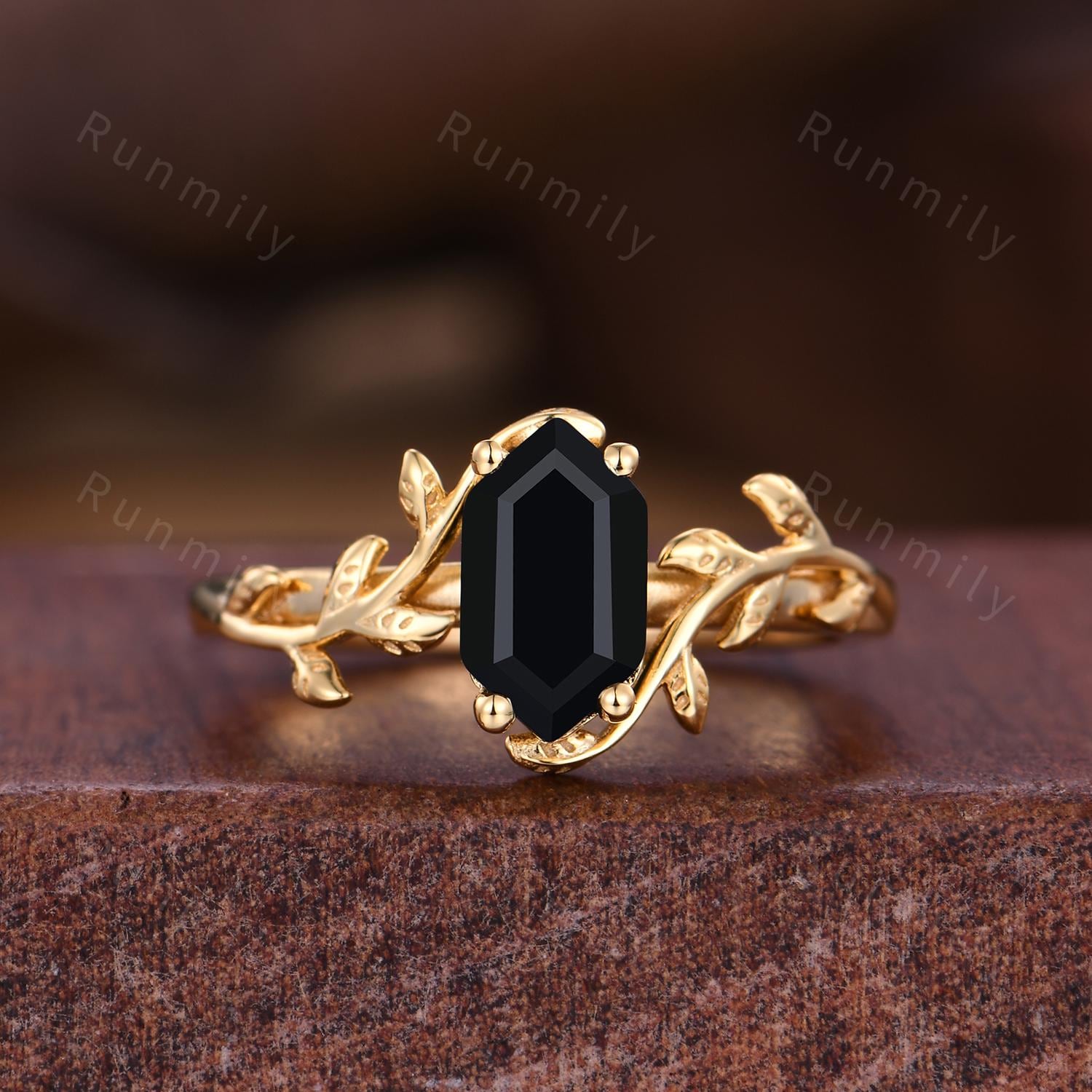 Hexagon cut Black onyx Couples Ring Yellow Gold Matching Ring Set His and Hers Wedding Band Twig Leaf Ring Couple Black Onyx Promise Rings