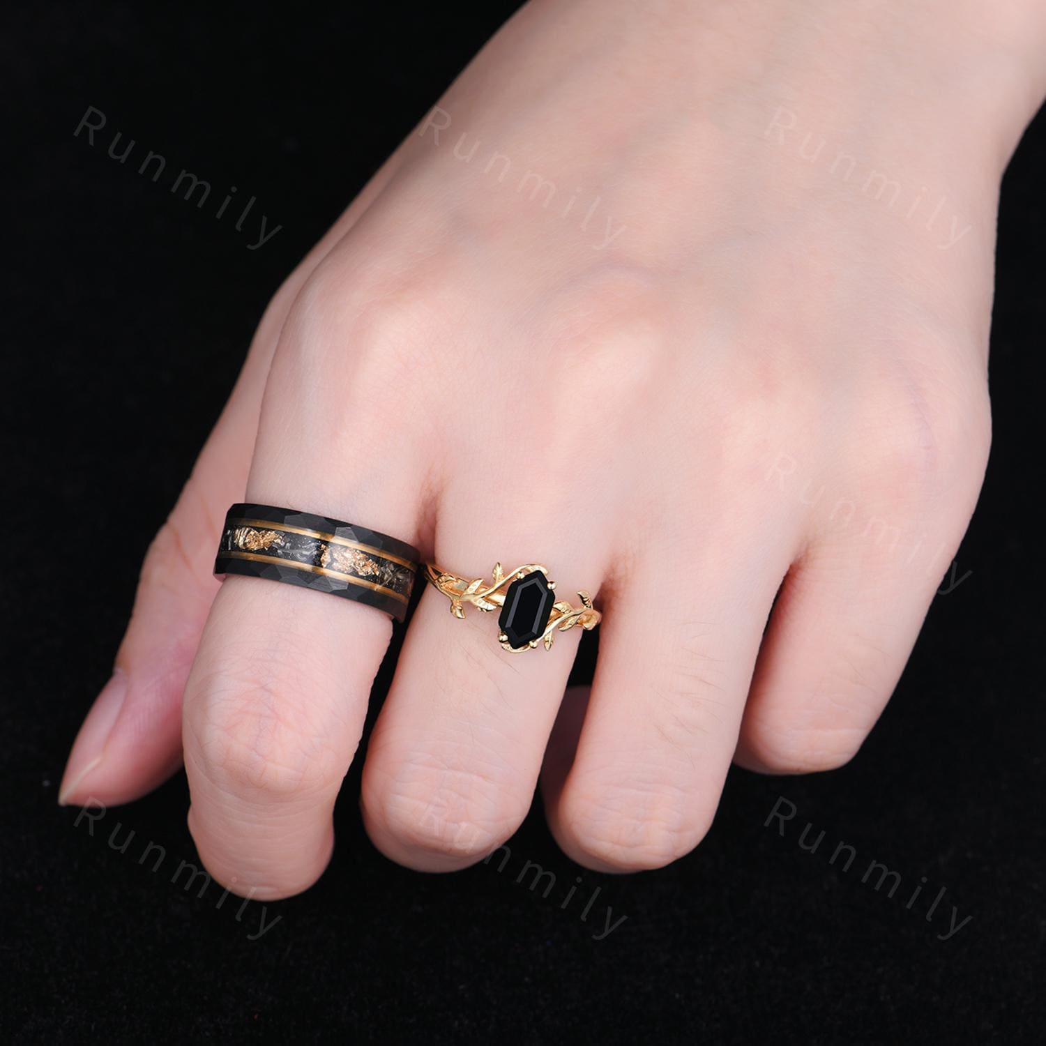 Hexagon cut Black onyx Couples Ring Yellow Gold Matching Ring Set His and Hers Wedding Band Twig Leaf Ring Couple Black Onyx Promise Rings