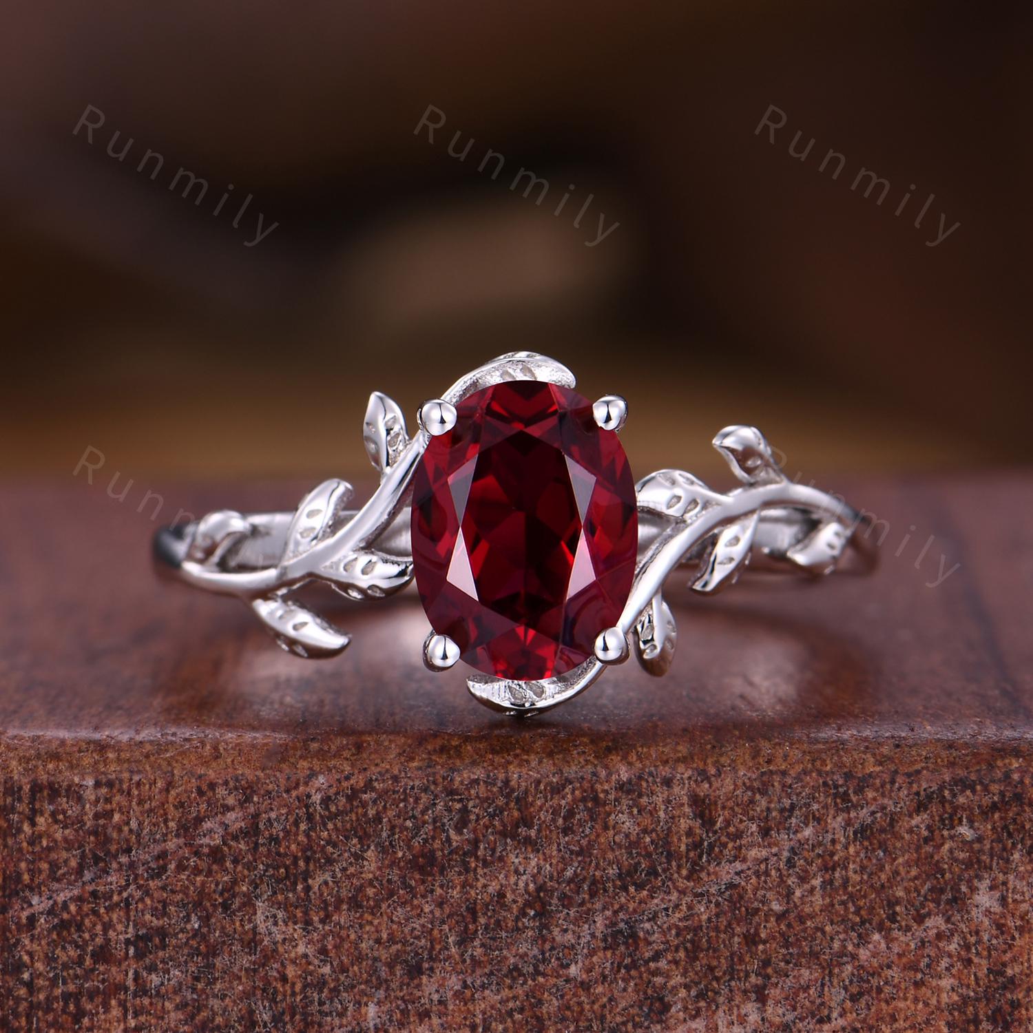 Twig Leaf Ruby Couples Ring Mens Crushed Ruby Ring White Gold His and Hers Wedding Band July Birthstone Couple Ring Set Nature Inspired Ring