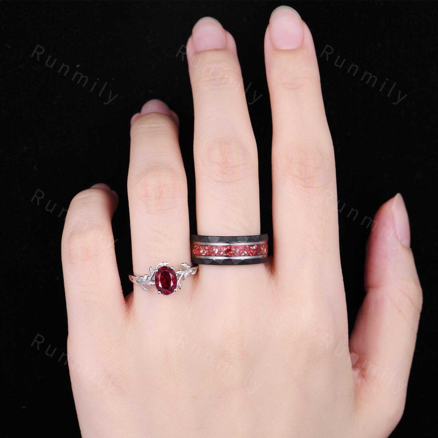 Twig Leaf Ruby Couples Ring Mens Crushed Ruby Ring White Gold His and Hers Wedding Band July Birthstone Couple Ring Set Nature Inspired Ring