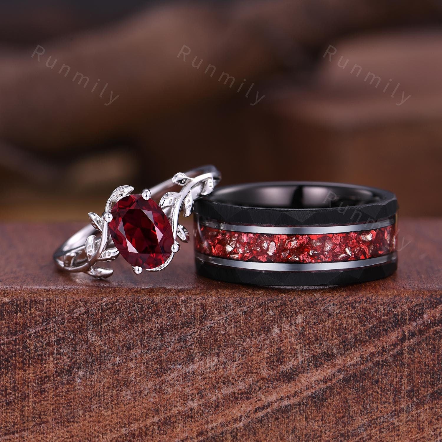 Twig Leaf Ruby Couples Ring Mens Crushed Ruby Ring White Gold His and Hers Wedding Band July Birthstone Couple Ring Set Nature Inspired Ring