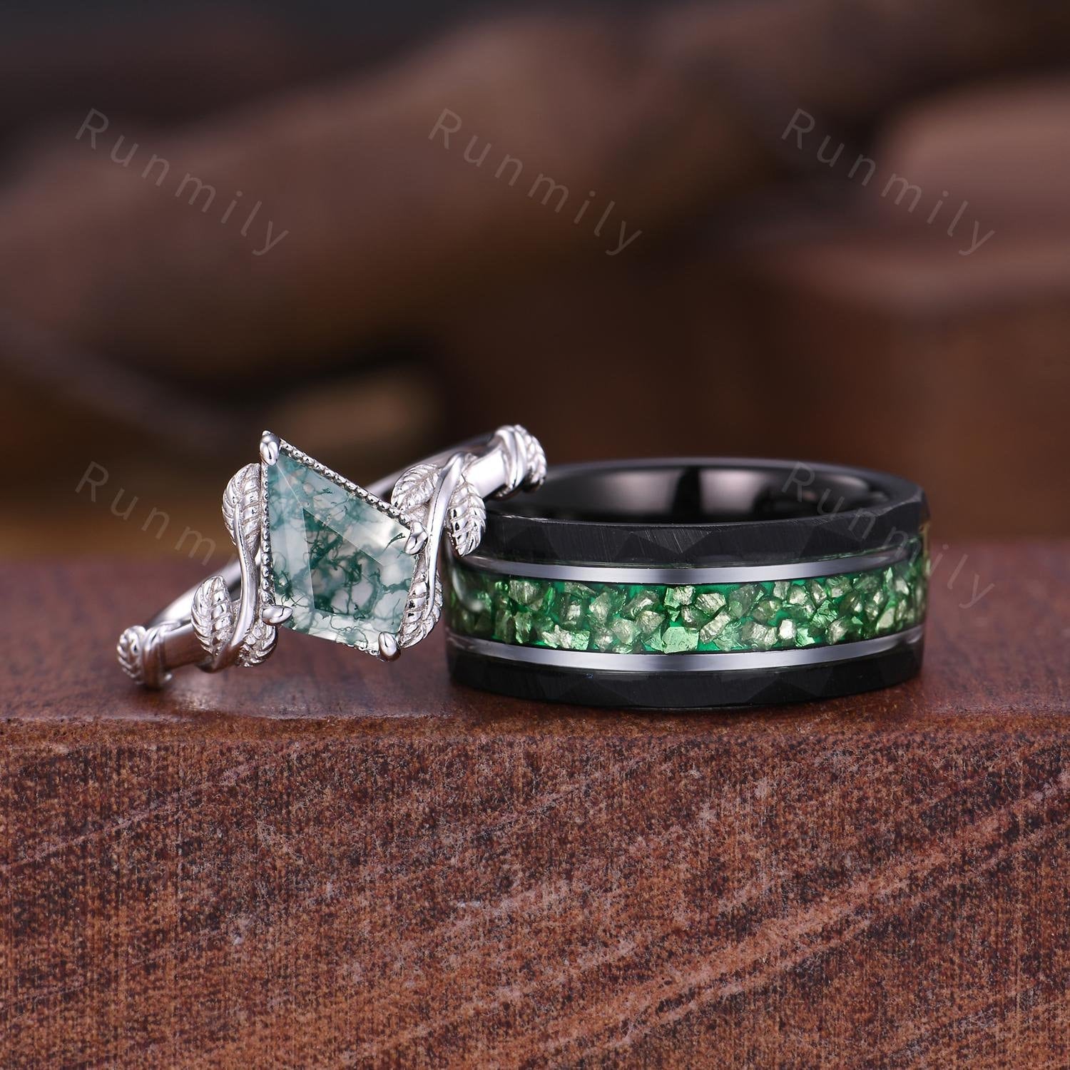 Kite cut Moss Agate Couples Ring Set Twig Leaf Moss Agate Ring for Women Vintage His and Hers Wedding Band Men's Tungsten Emerald Ring
