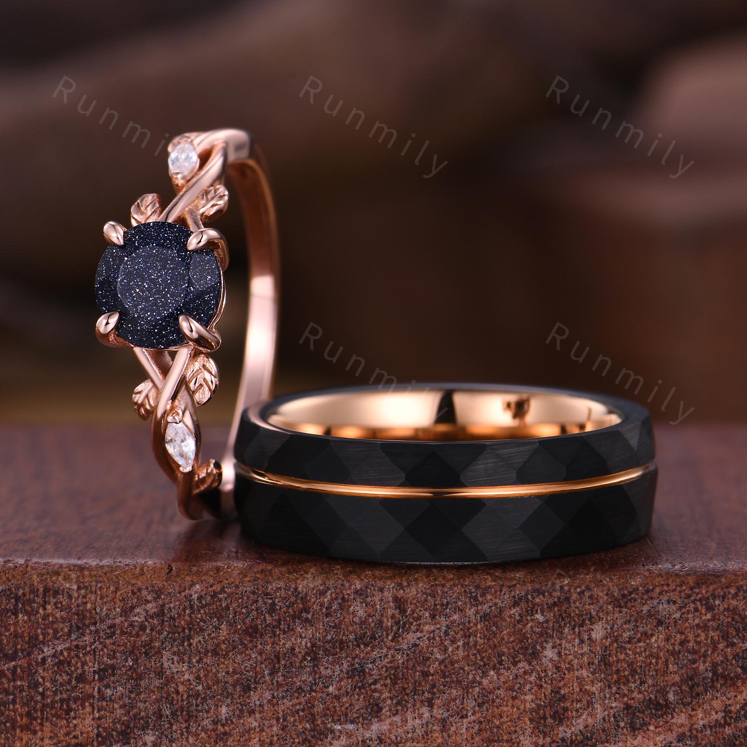 Vintage Blue Sandstone Couples Ring Rose Gold Matching Ring Set His and Hers Wedding Band Promise Ring For Couple Leaf Galaxy Sandstone Ring