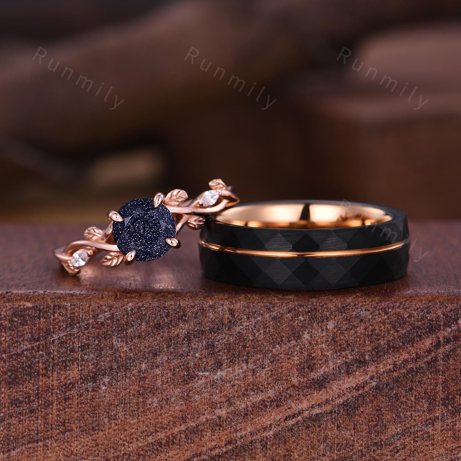 Vintage Blue Sandstone Couples Ring Rose Gold Matching Ring Set His and Hers Wedding Band Promise Ring For Couple Leaf Galaxy Sandstone Ring