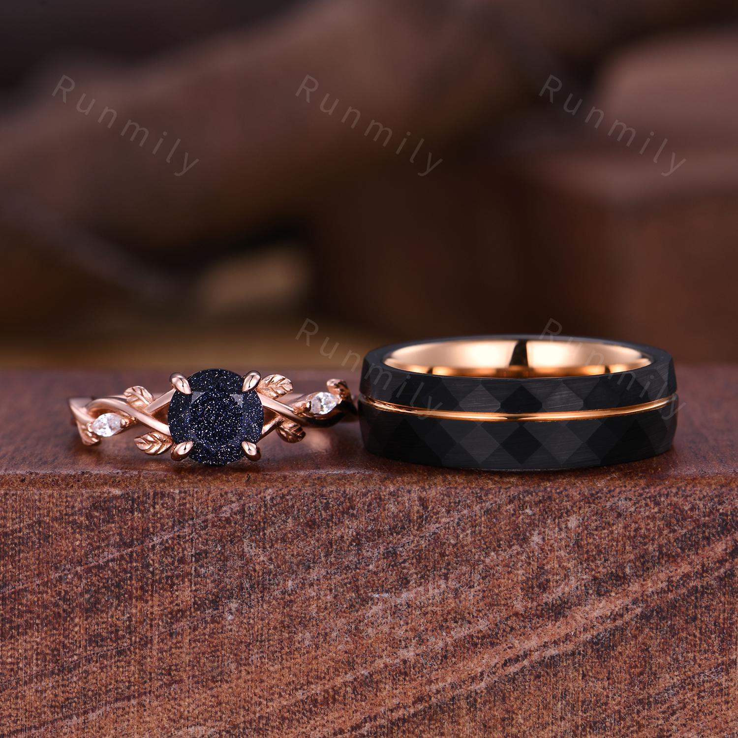 Vintage Blue Sandstone Couples Ring Rose Gold Matching Ring Set His and Hers Wedding Band Promise Ring For Couple Leaf Galaxy Sandstone Ring