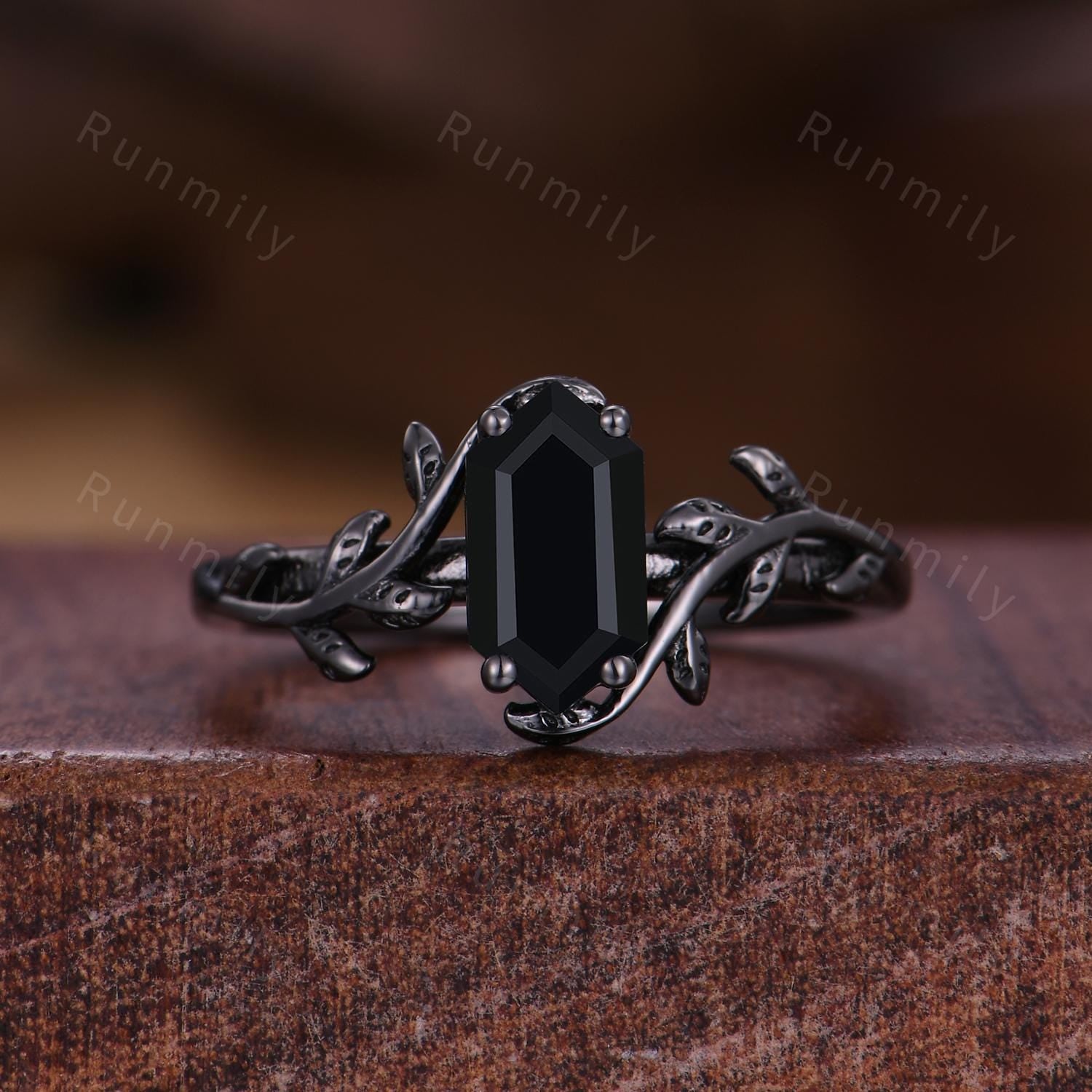 Galaxy Black Onyx Couples Ring Gothic Black Gold His and Hers Wedding Band Nature Inspired Ring Men's Tungsten Ring Promise Rings For Couple