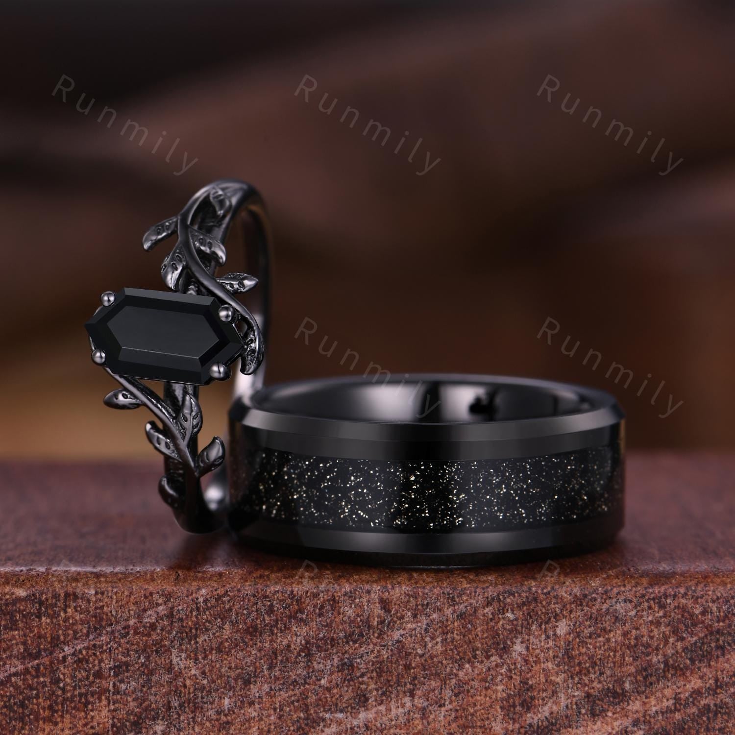 Galaxy Black Onyx Couples Ring Gothic Black Gold His and Hers Wedding Band Nature Inspired Ring Men's Tungsten Ring Promise Rings For Couple