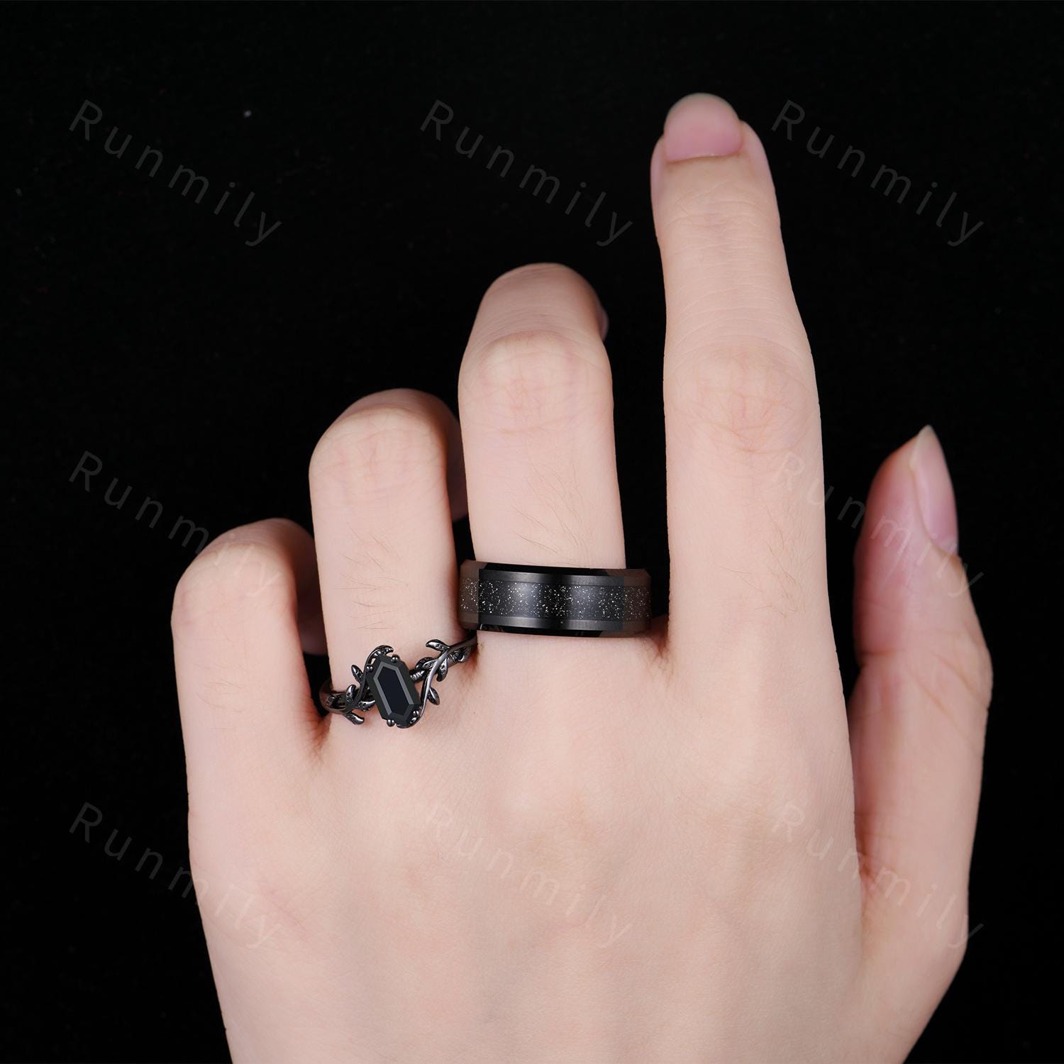 Galaxy Black Onyx Couples Ring Gothic Black Gold His and Hers Wedding Band Nature Inspired Ring Men's Tungsten Ring Promise Rings For Couple