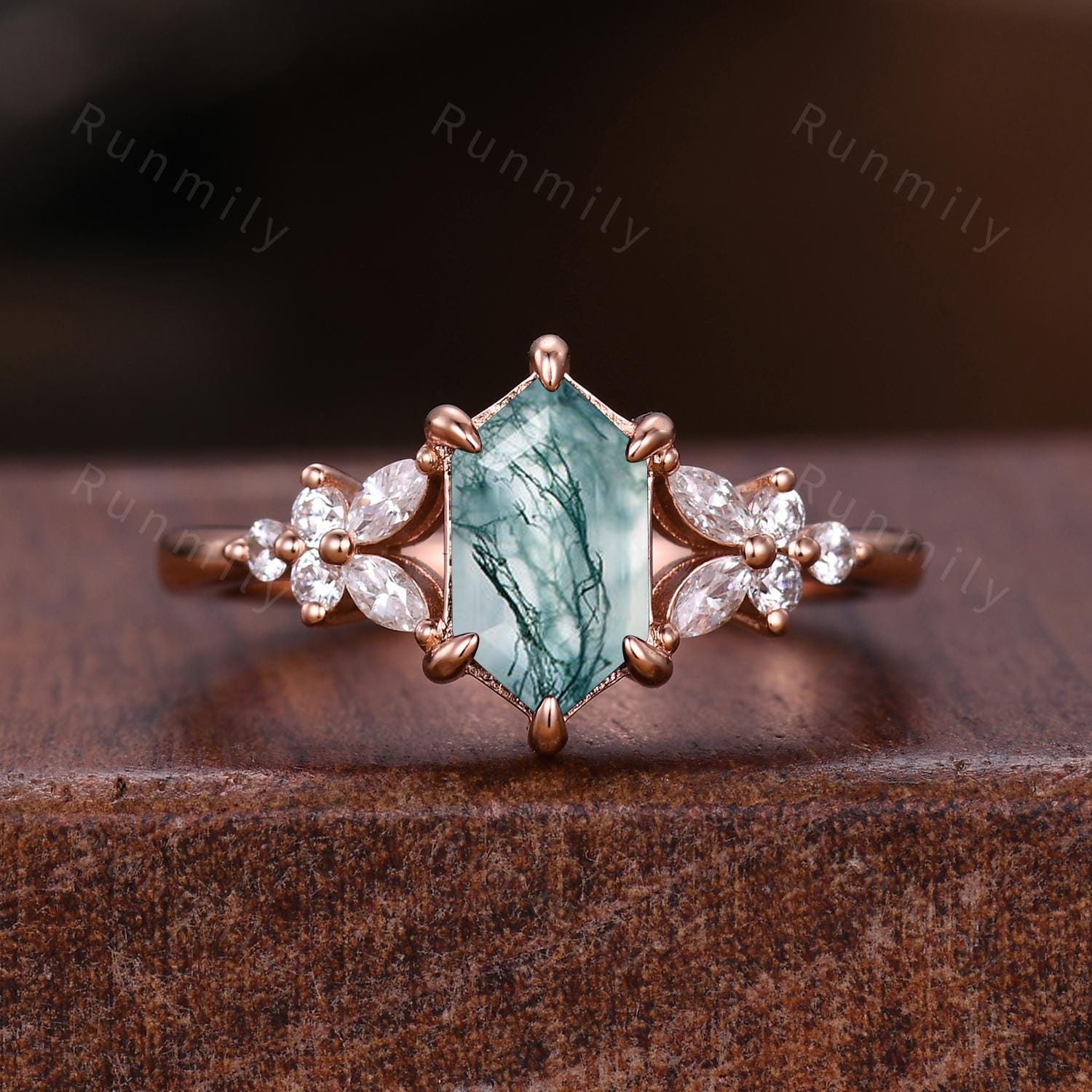 Hexagon cut Moss Agate Engagement ring set Vintage open gap wedding band Rose gold Cluster shank leaf Bridal set Anniversary ring gift