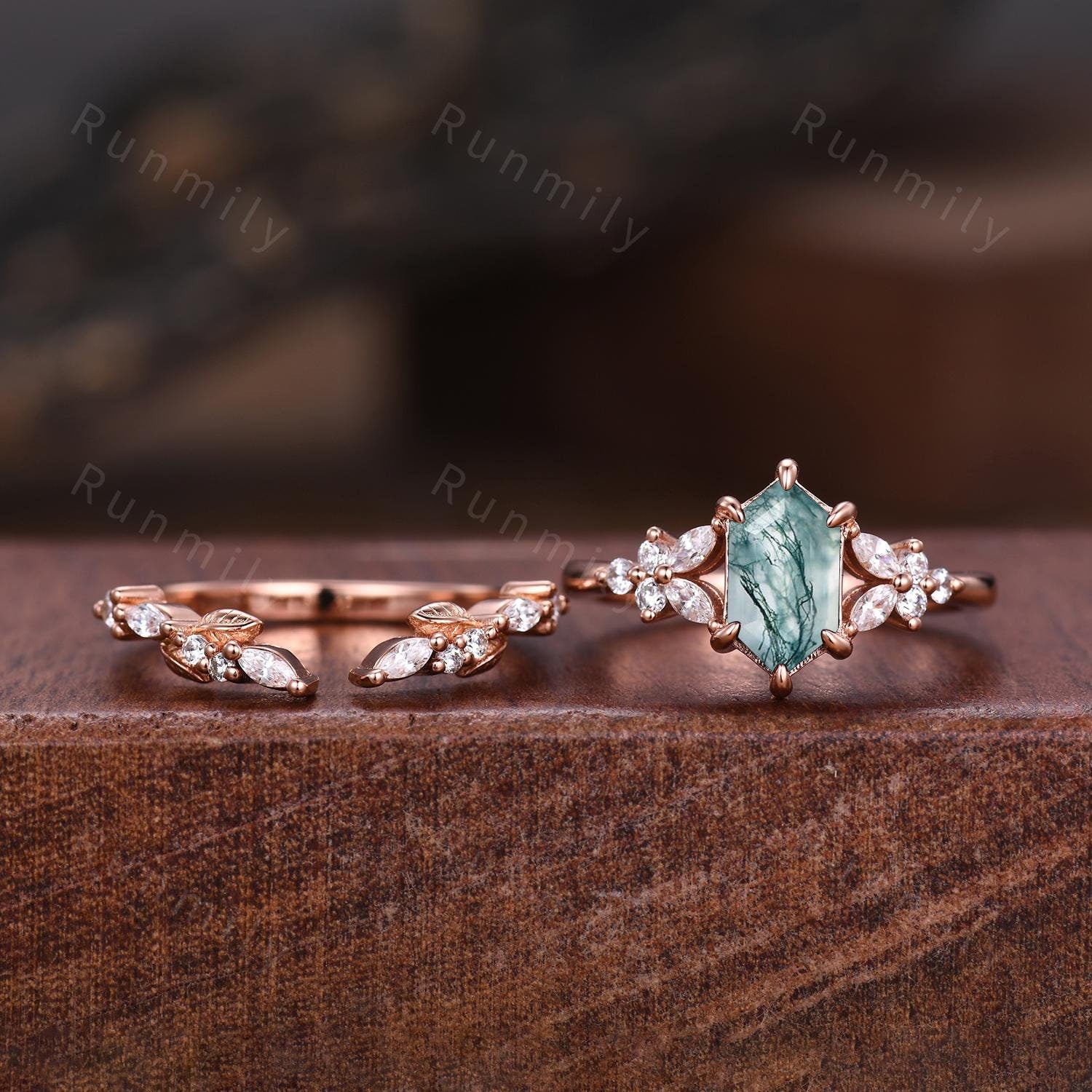 Hexagon cut Moss Agate Engagement ring set Vintage open gap wedding band Rose gold Cluster shank leaf Bridal set Anniversary ring gift