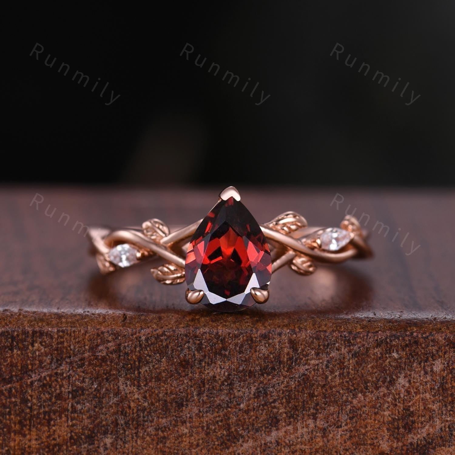 Vintage Garnet Couples Ring Rose Gold Matching Ring Set His And Hers Wedding Band Promise Rings For Men For Women Branch Leaf Ring Pear Cut