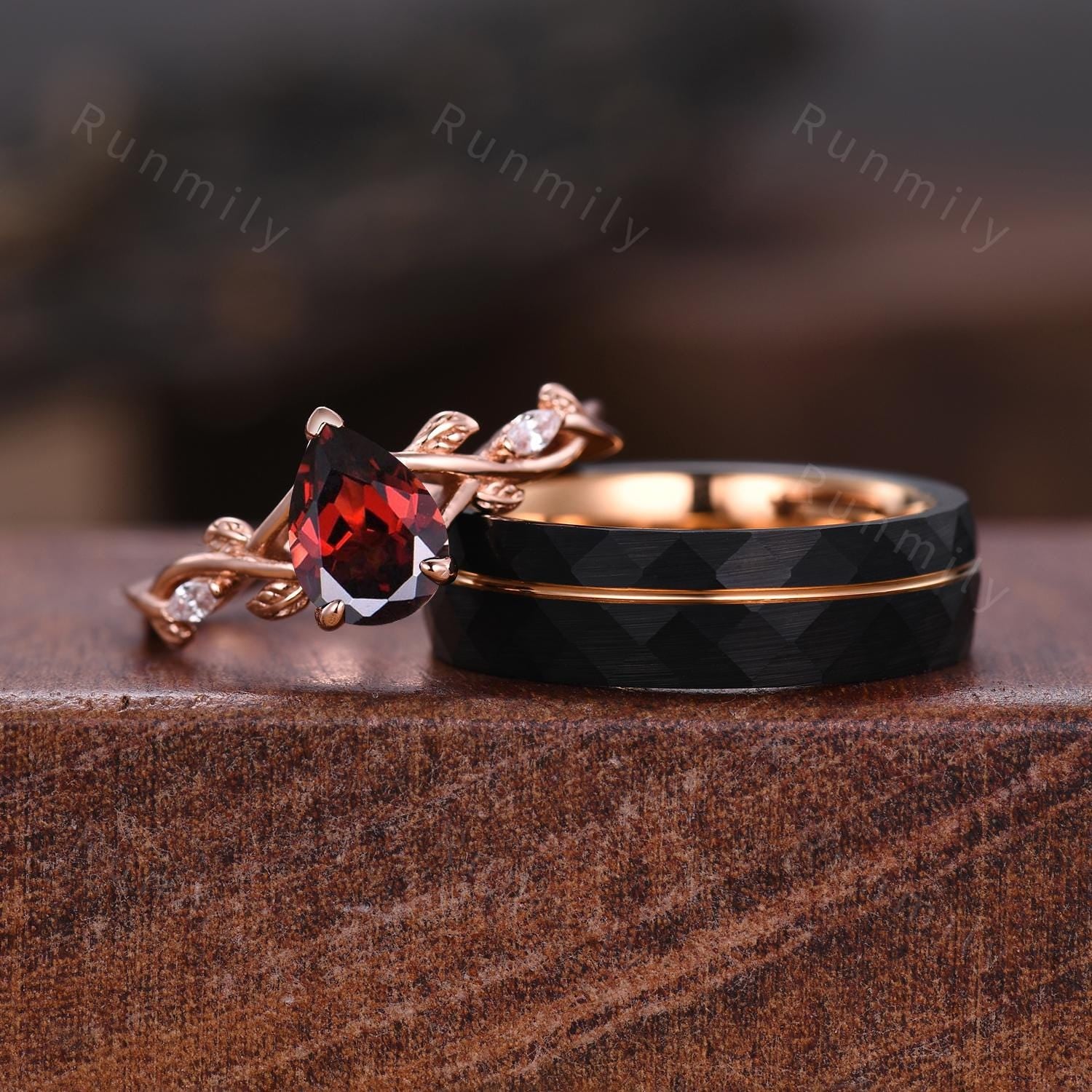 Vintage Garnet Couples Ring Rose Gold Matching Ring Set His And Hers Wedding Band Promise Rings For Men For Women Branch Leaf Ring Pear Cut