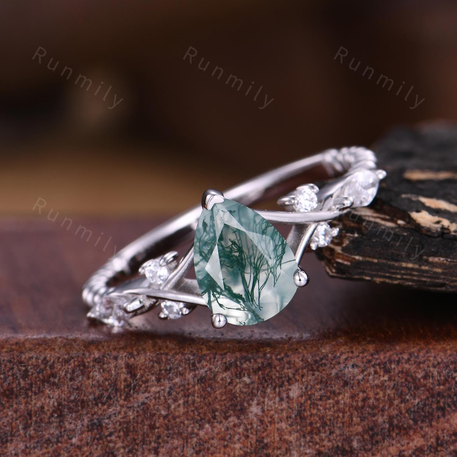 Pear shape moss agate ring vintage rose gold green agate engagement ring unique twig twisted moissanite wedding ring bridal promise ring