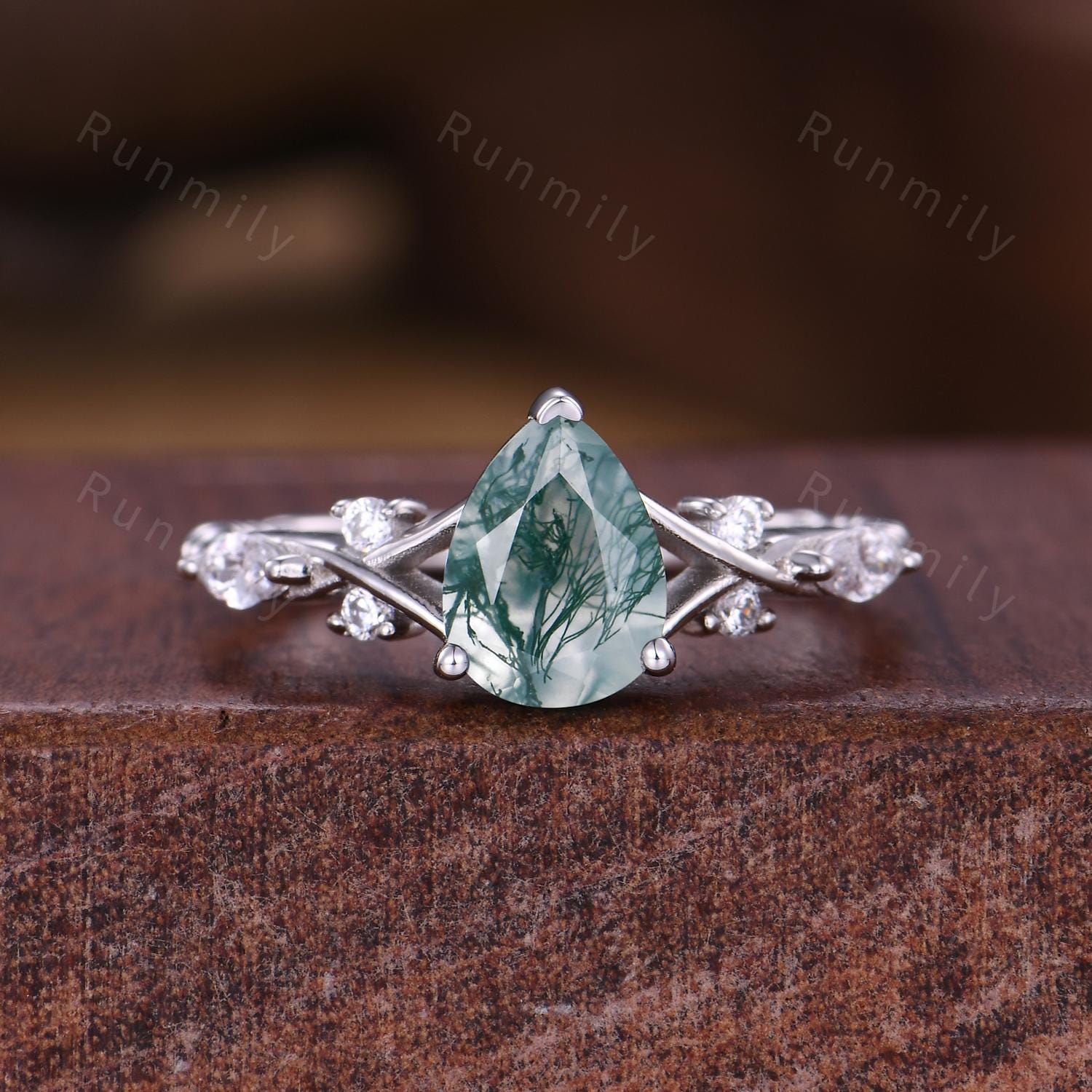 Pear shape moss agate ring vintage rose gold green agate engagement ring unique twig twisted moissanite wedding ring bridal promise ring