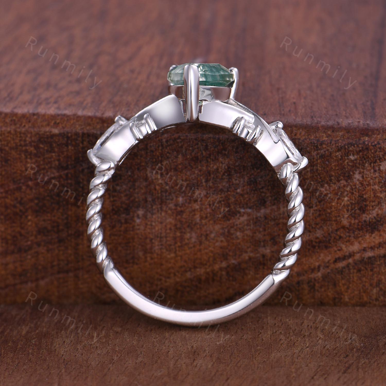 Pear shape moss agate ring vintage rose gold green agate engagement ring unique twig twisted moissanite wedding ring bridal promise ring