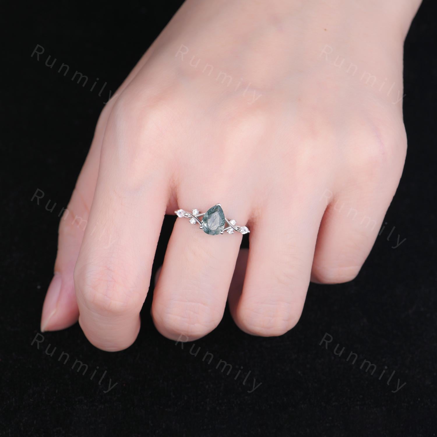 Pear shape moss agate ring vintage rose gold green agate engagement ring unique twig twisted moissanite wedding ring bridal promise ring