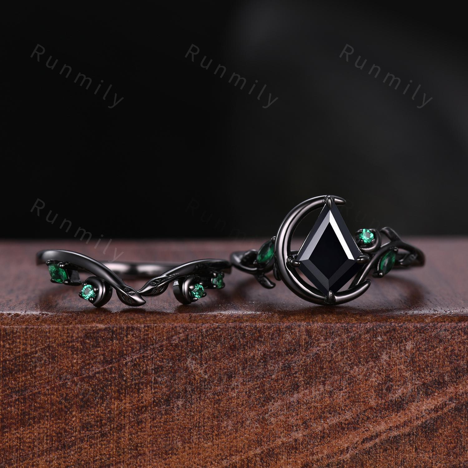 Nature Inspired Kite cut Black Onyx Engagement Ring Set Unique Crescent Moon Emerald Ring Gothic Black Gold Ring For Women Leaf Design Ring