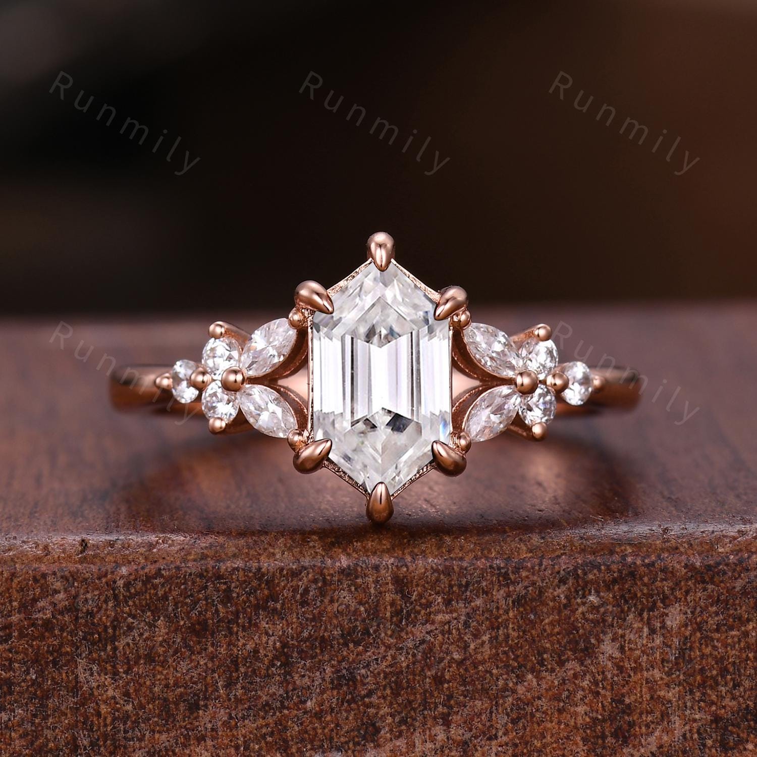 Hexagon cut Moissanite Engagement ring set Vintage open gap wedding band Rose gold Cluster shank leaf Bridal set Anniversary ring gift