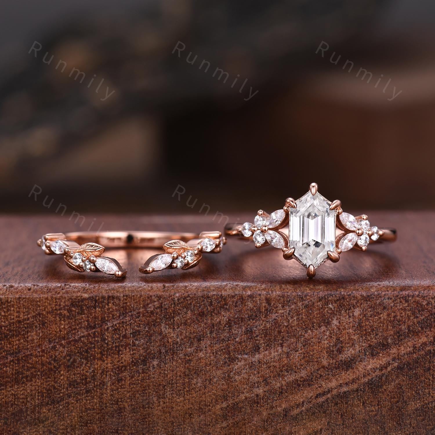Hexagon cut Moissanite Engagement ring set Vintage open gap wedding band Rose gold Cluster shank leaf Bridal set Anniversary ring gift
