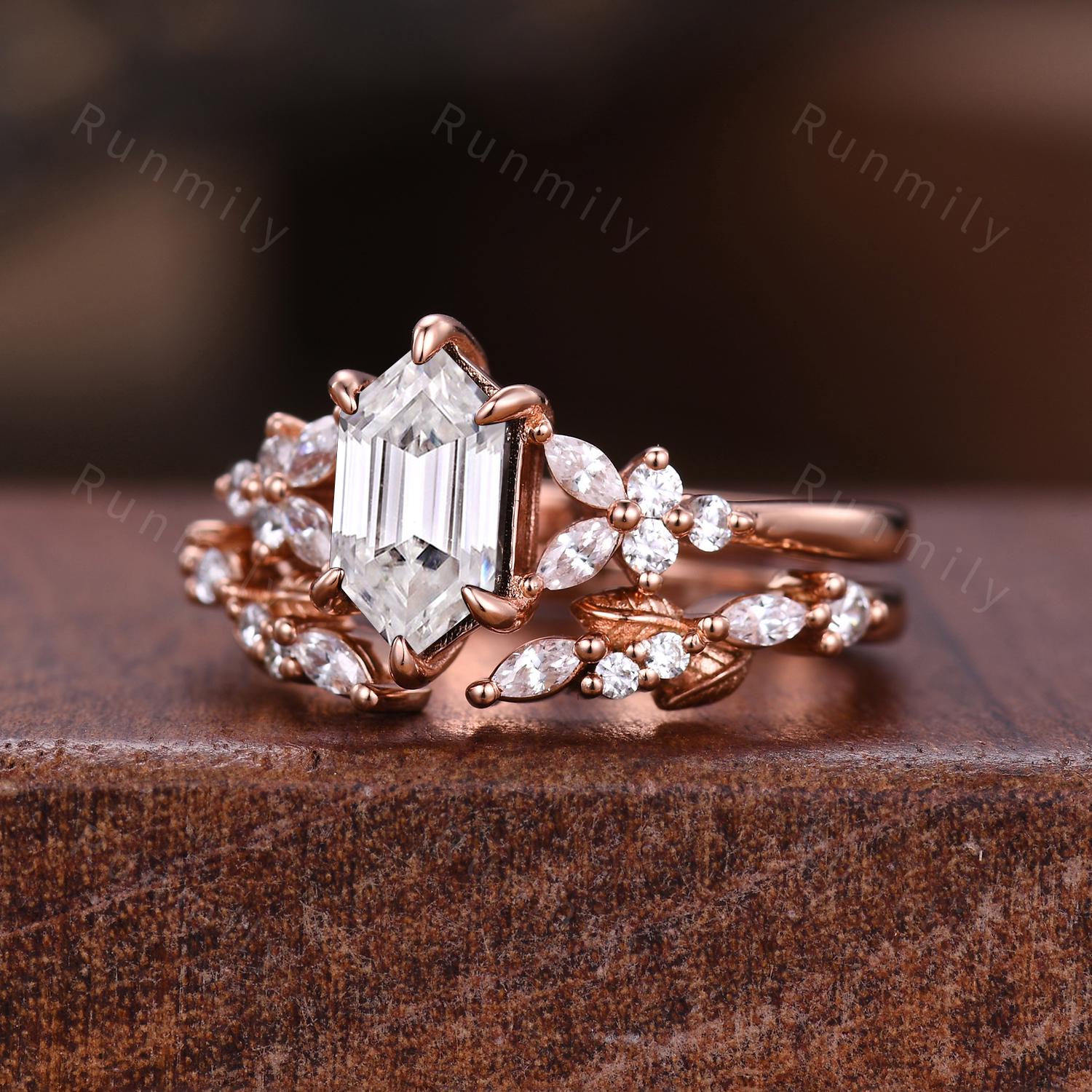 Hexagon cut Moissanite Engagement ring set Vintage open gap wedding band Rose gold Cluster shank leaf Bridal set Anniversary ring gift