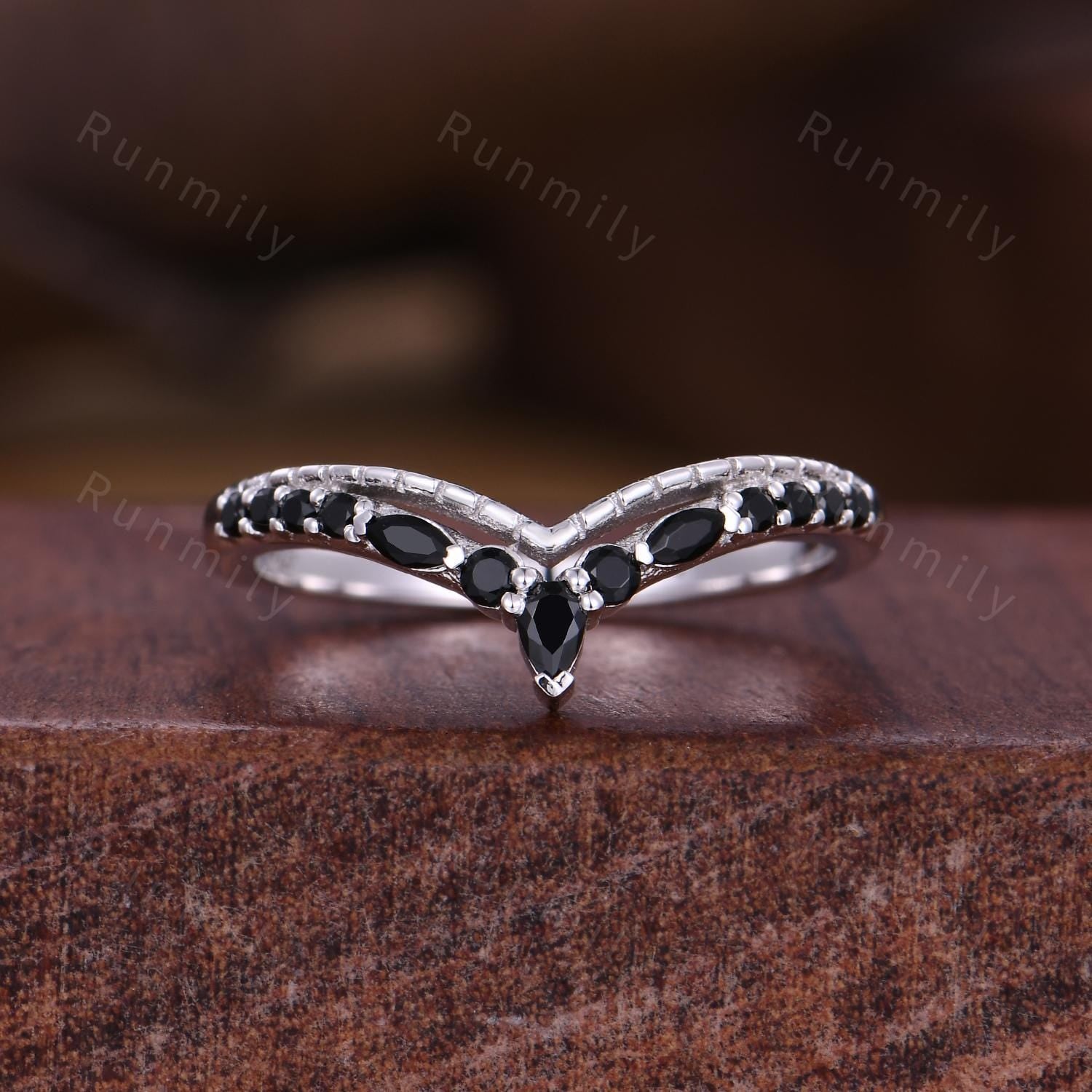 Kite Cut Black Onyx Engagement Ring Set Unique Art Deco Curved Stacking Band Black Spinel Ring Sterling Silver Bridal Wedding Ring Set