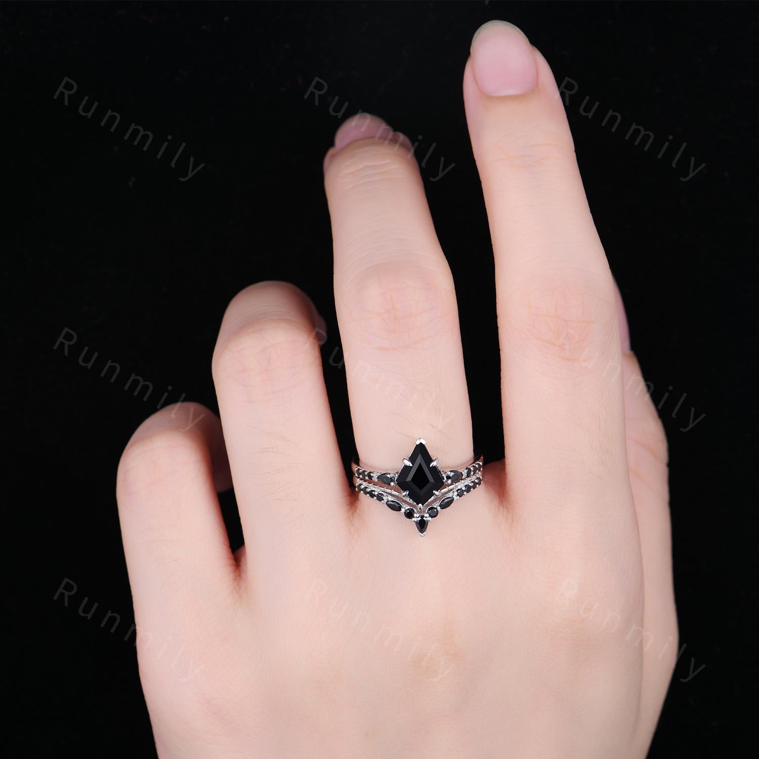 Kite Cut Black Onyx Engagement Ring Set Unique Art Deco Curved Stacking Band Black Spinel Ring Sterling Silver Bridal Wedding Ring Set