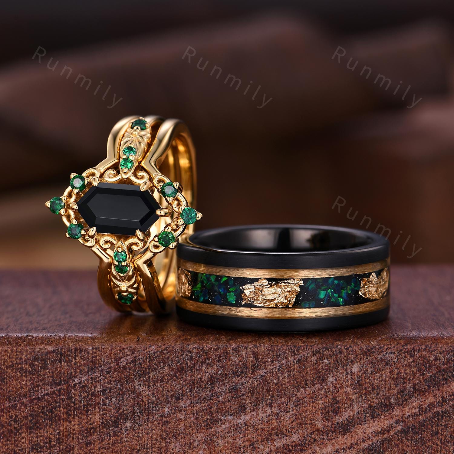 Antique Black Onyx Couples Ring Set Vintage Double Curved Emerald Band Yellow Gold His and Her Wedding Band Promise Ring For Men and Women