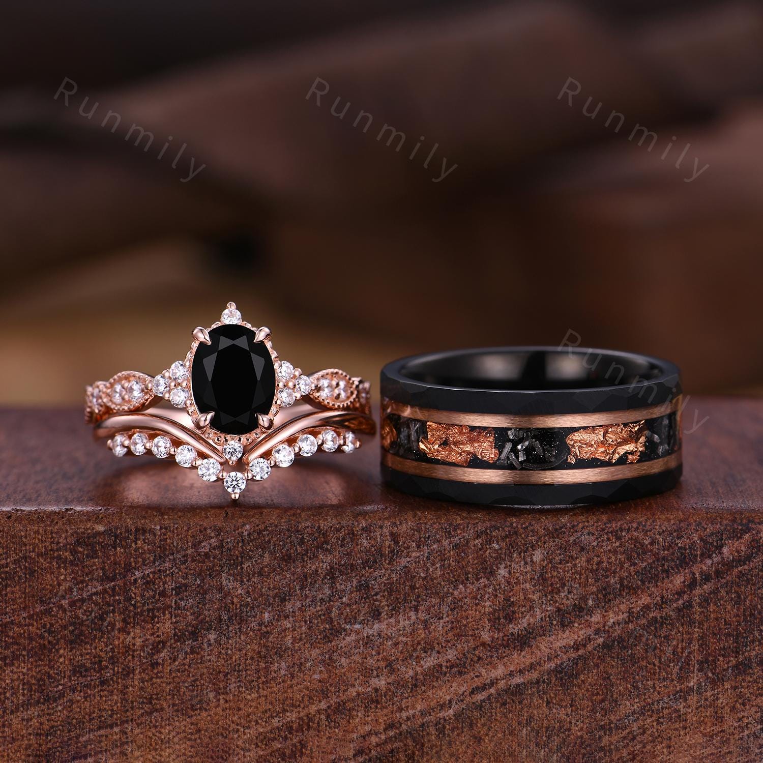 Unique Black Onyx Couples Ring Set Rose Gold His And Hers Wedding Band Art Deco Stacking Ring Mens Tungsten Ring Promise Ring Set For Women