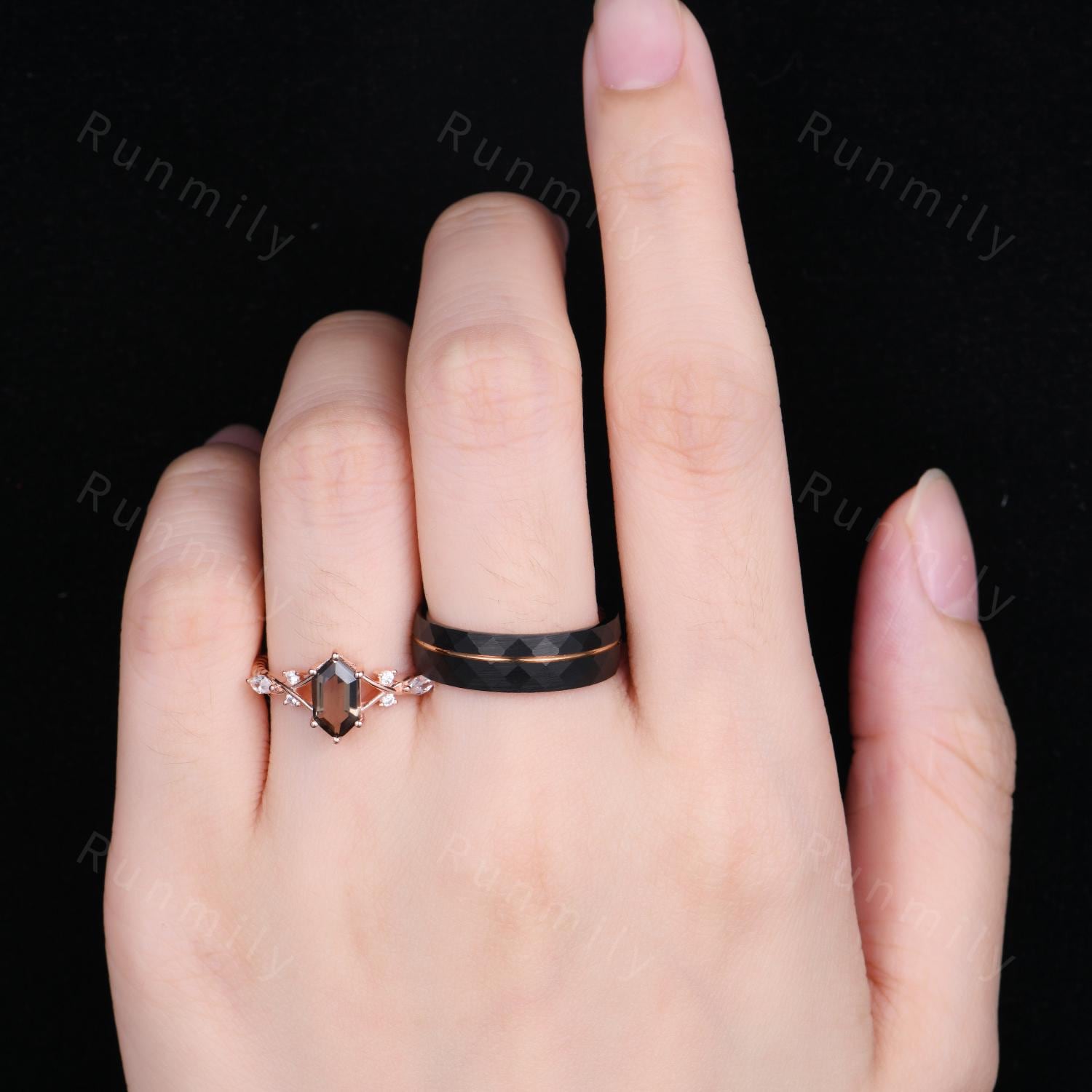 Vintage Smoky Quartz Couples Ring Rose Gold Matching Ring Set His and Hers Wedding Band Promise Ring For Men For Women Brown Gemstone Ring