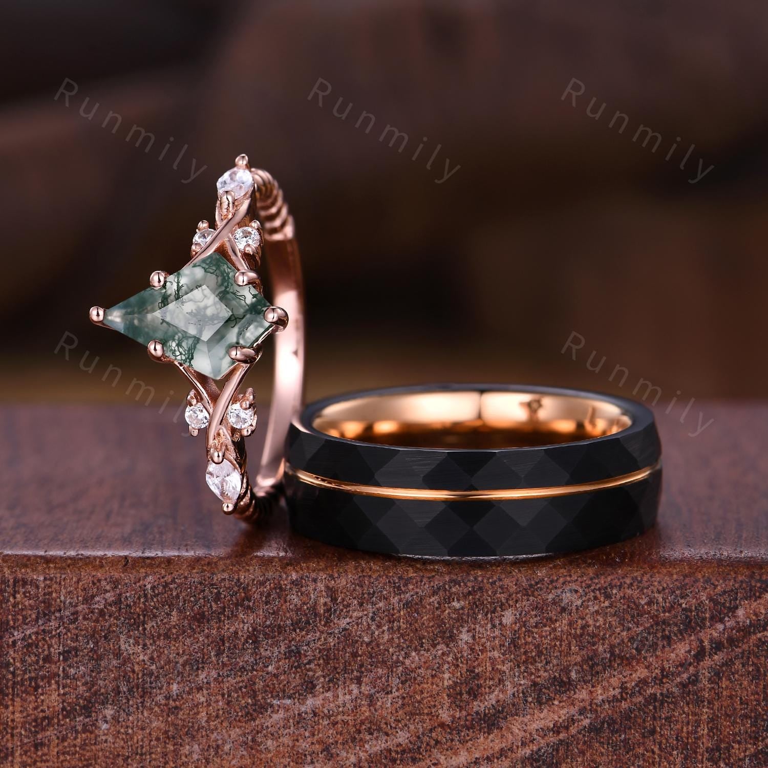 Kite cut Moss Agate Couples Ring Rose Gold Matching Ring Set His and Hers Wedding Band Promise Ring For Men For Women Natural Green Agate