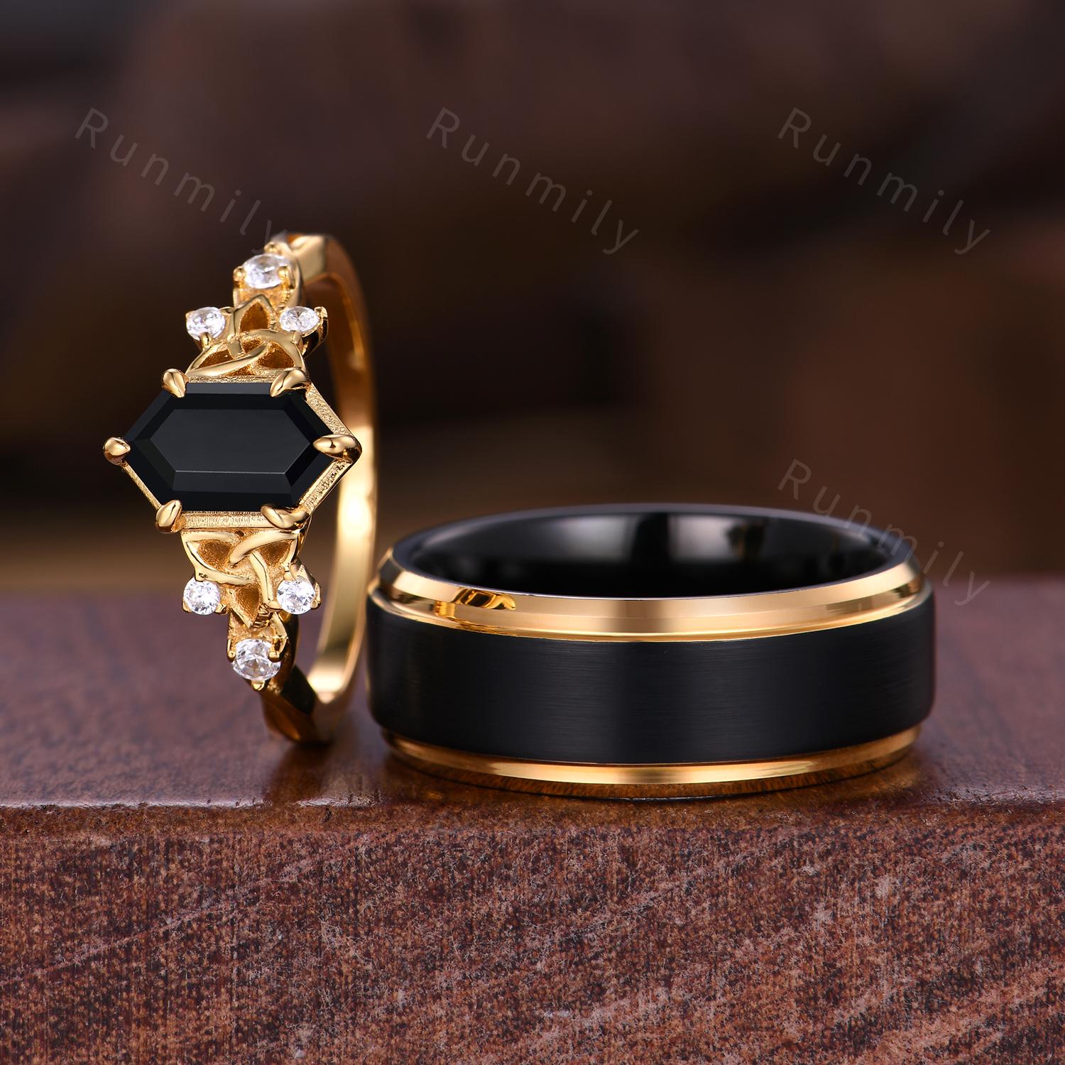 Celtic knot black onyx couple ring yellow gold His and Hers wedding band hexagon cut bridal ring Mens black tungsten ring promise ring set