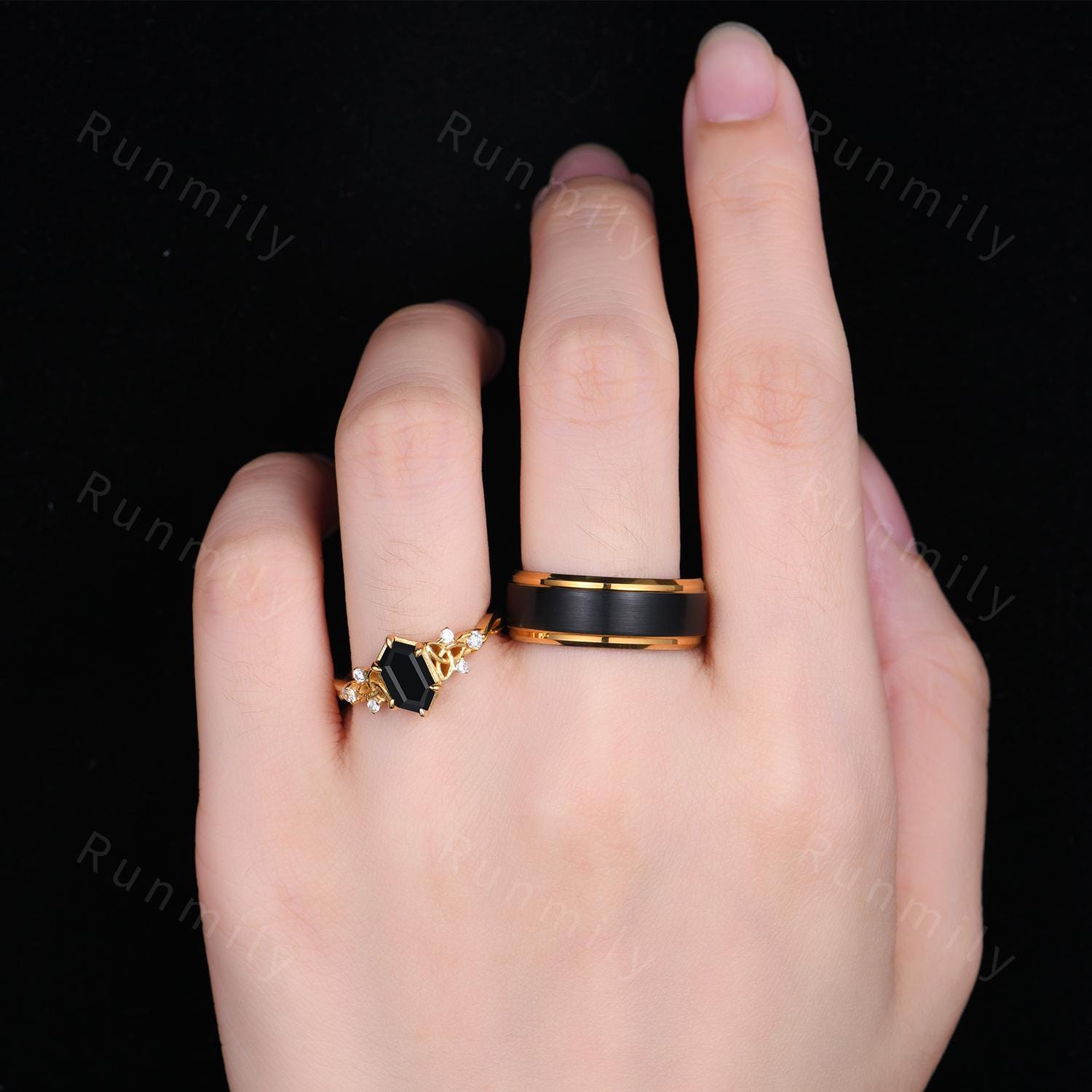 Celtic knot black onyx couple ring yellow gold His and Hers wedding band hexagon cut bridal ring Mens black tungsten ring promise ring set