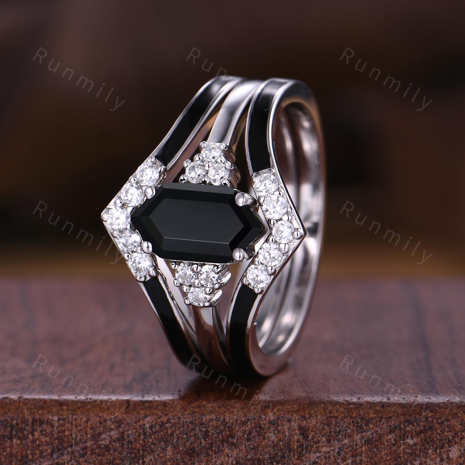 Vintage Unique Black Onyx engagement ring set hexagon cut ring set black onyx wedding bands art deco bridal wedding ring set for women