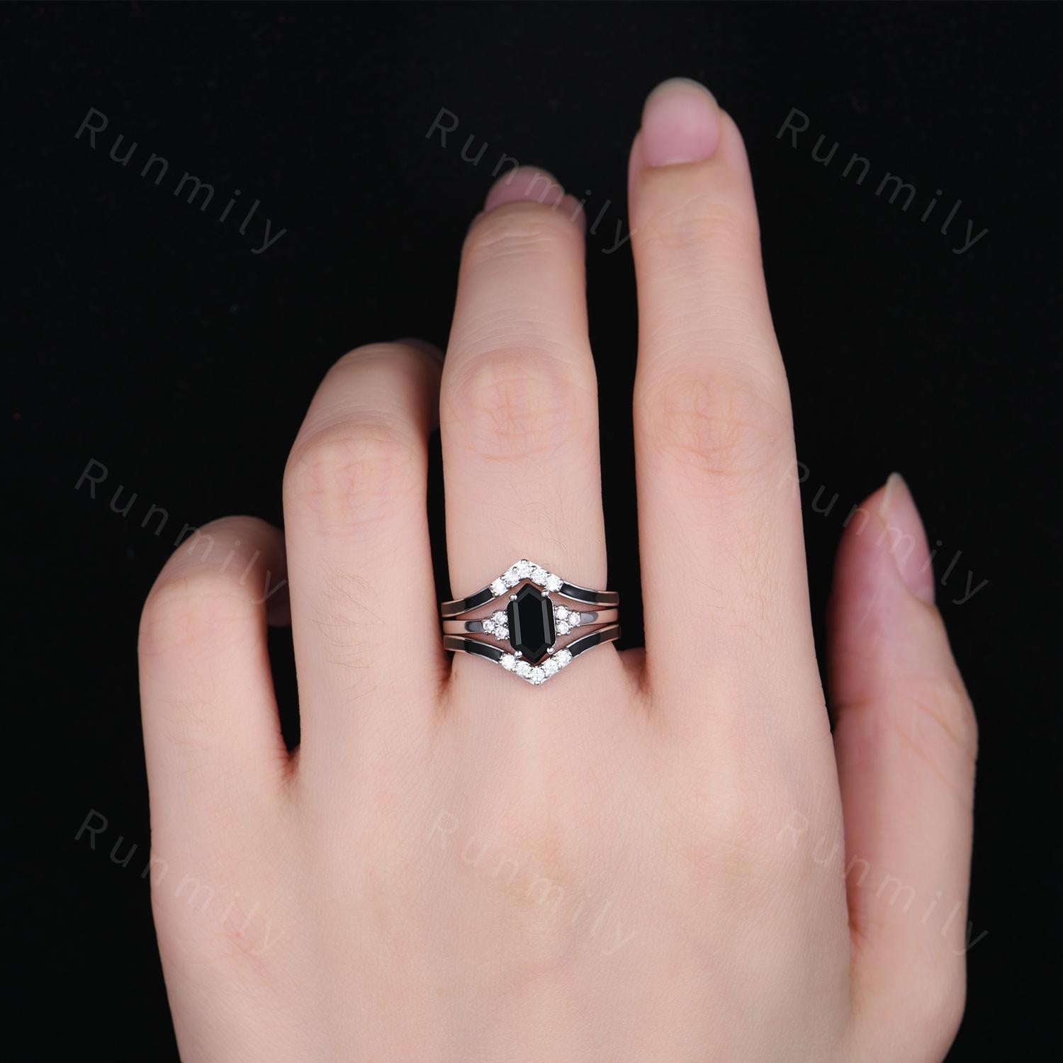 Vintage Unique Black Onyx engagement ring set hexagon cut ring set black onyx wedding bands art deco bridal wedding ring set for women