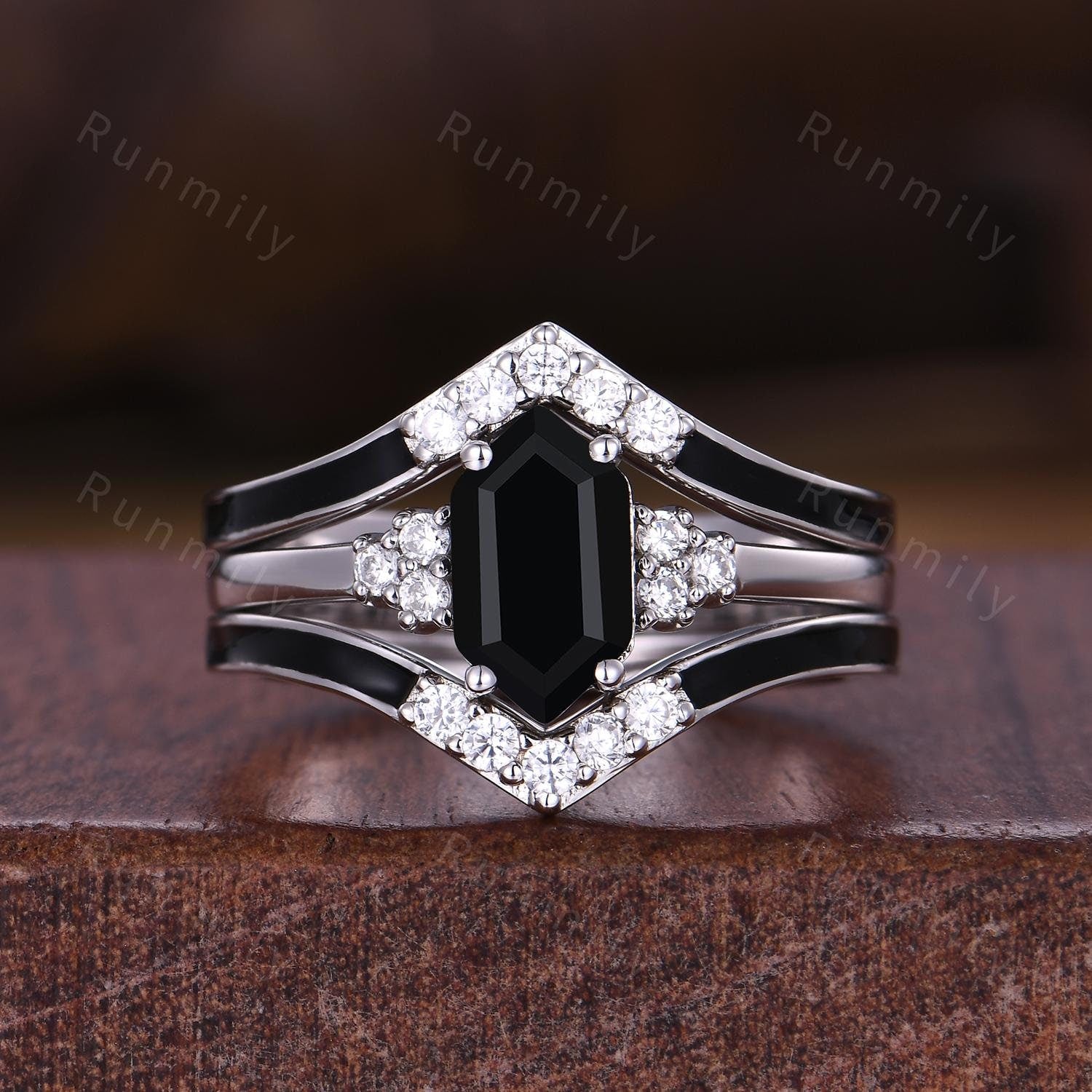 Vintage Unique Black Onyx engagement ring set hexagon cut ring set black onyx wedding bands art deco bridal wedding ring set for women