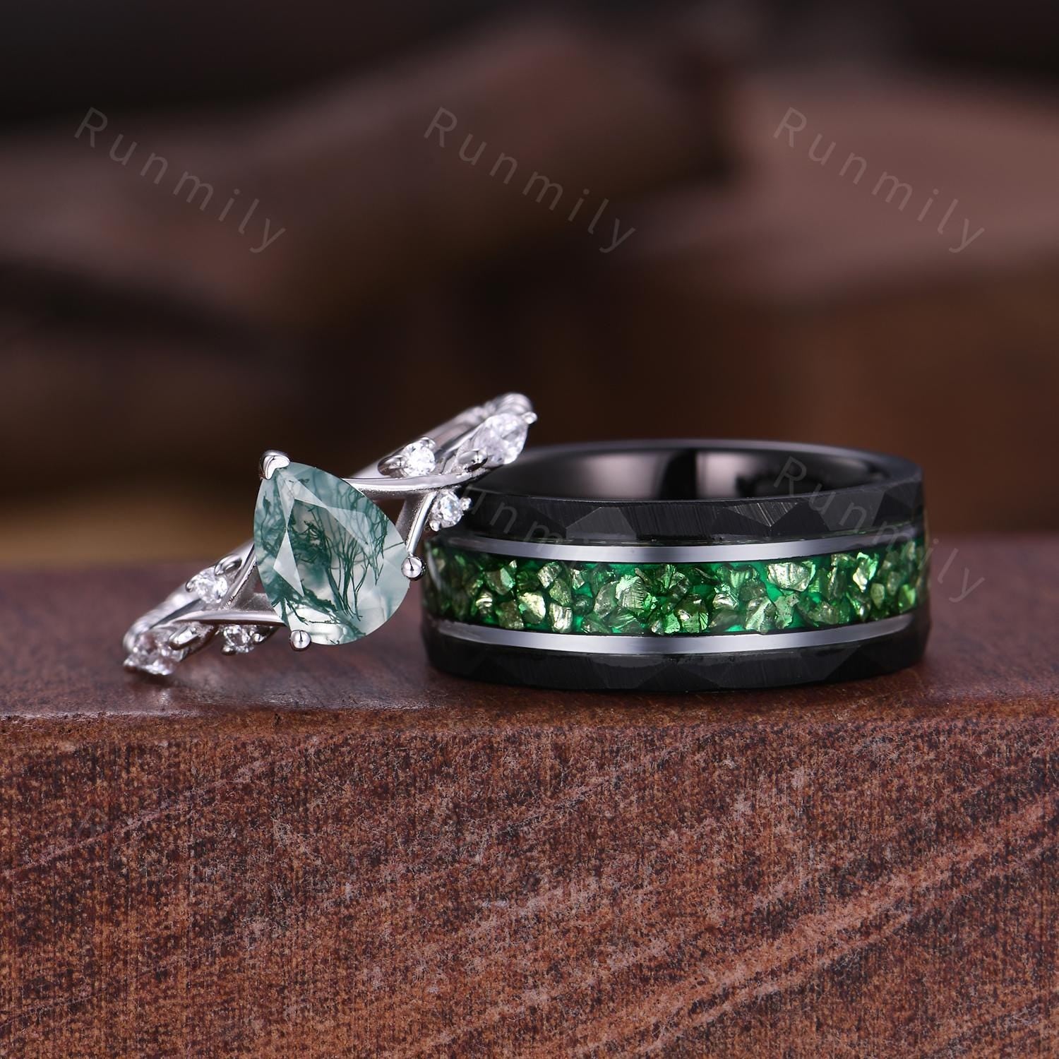 Natural Moss Agate Couples Ring Set Men's Crushed Emerald Band Vintage His and Her Wedding Band Promise Ring For Men and Women Green Rings