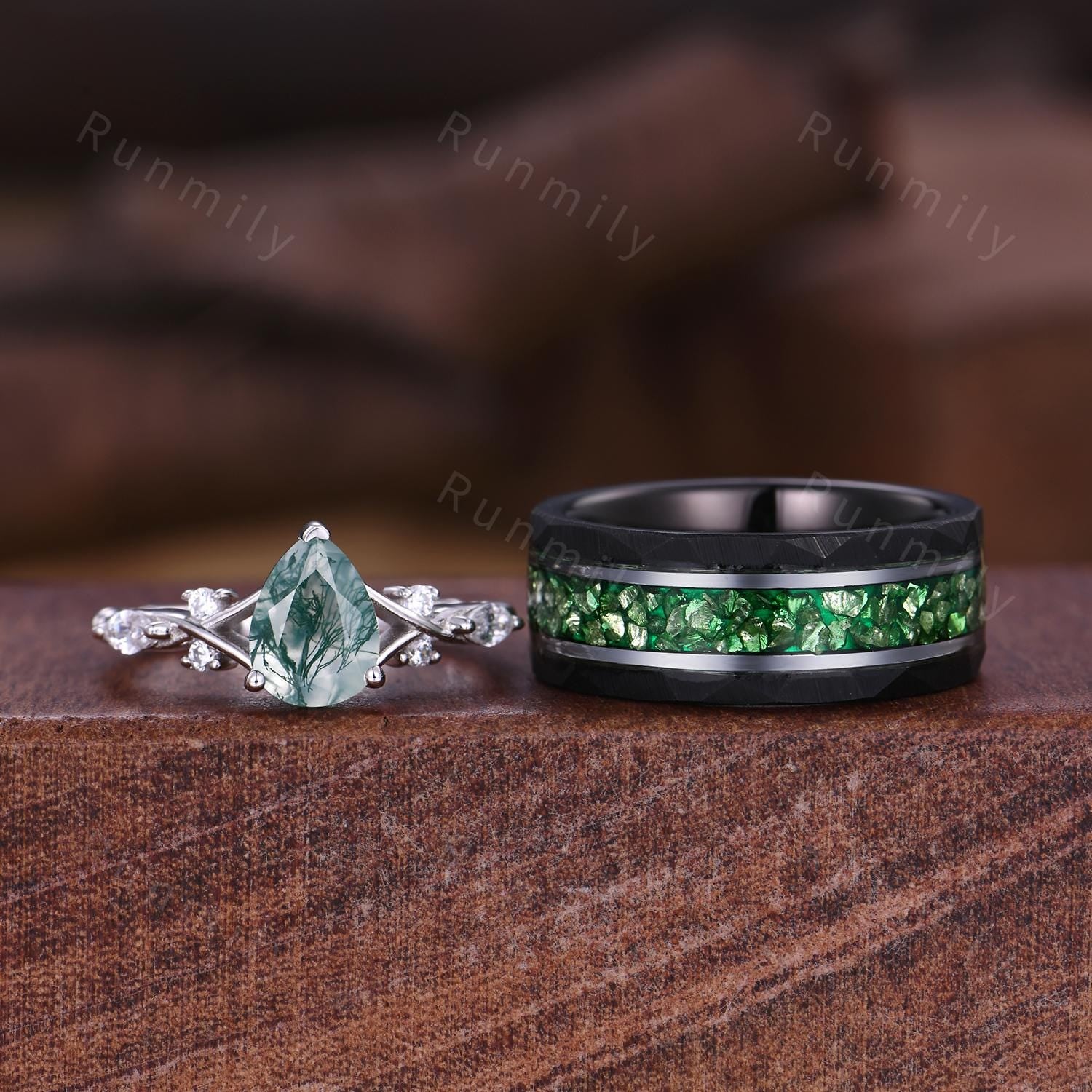 Natural Moss Agate Couples Ring Set Men's Crushed Emerald Band Vintage His and Her Wedding Band Promise Ring For Men and Women Green Rings